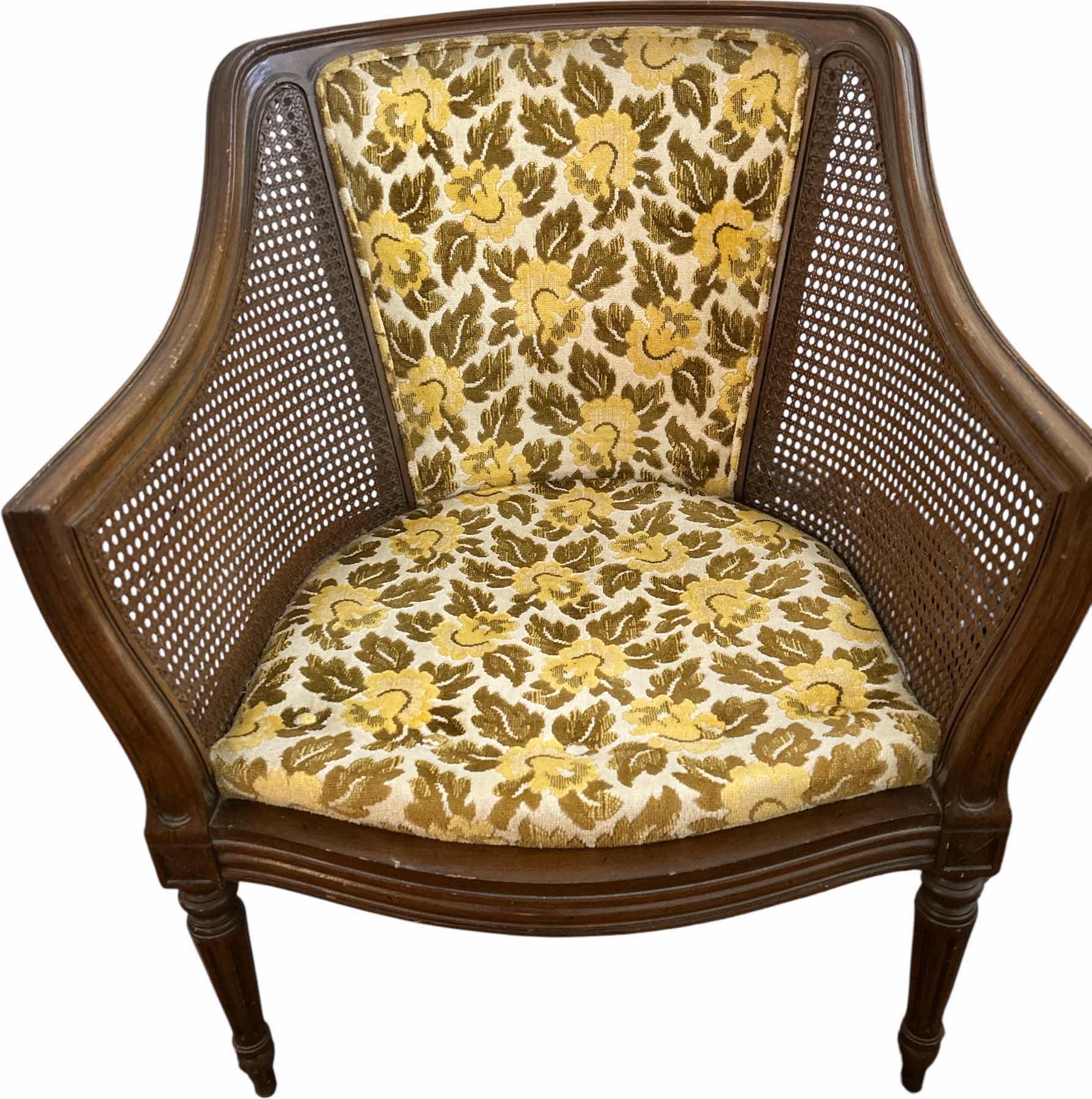 Photo 1 of VINTAGE CANED BARREL BACK ACCENT CHAIR WITH ORIGINAL UPHOLSTERY 27” x 30” x H32”
