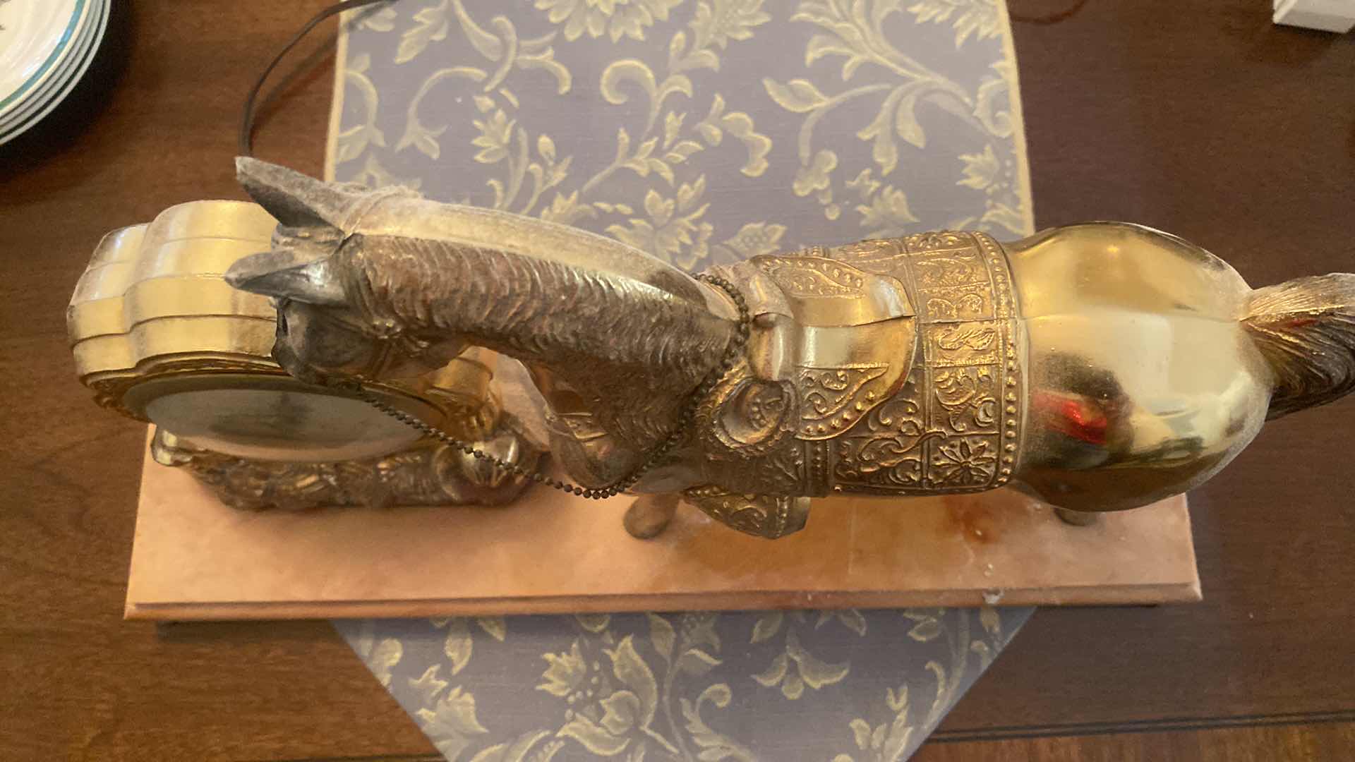 Photo 1 of CAST GOLD CLOCK & HORSE ON PLASTIC STAND (hollow) 17“ x 5“ H11”