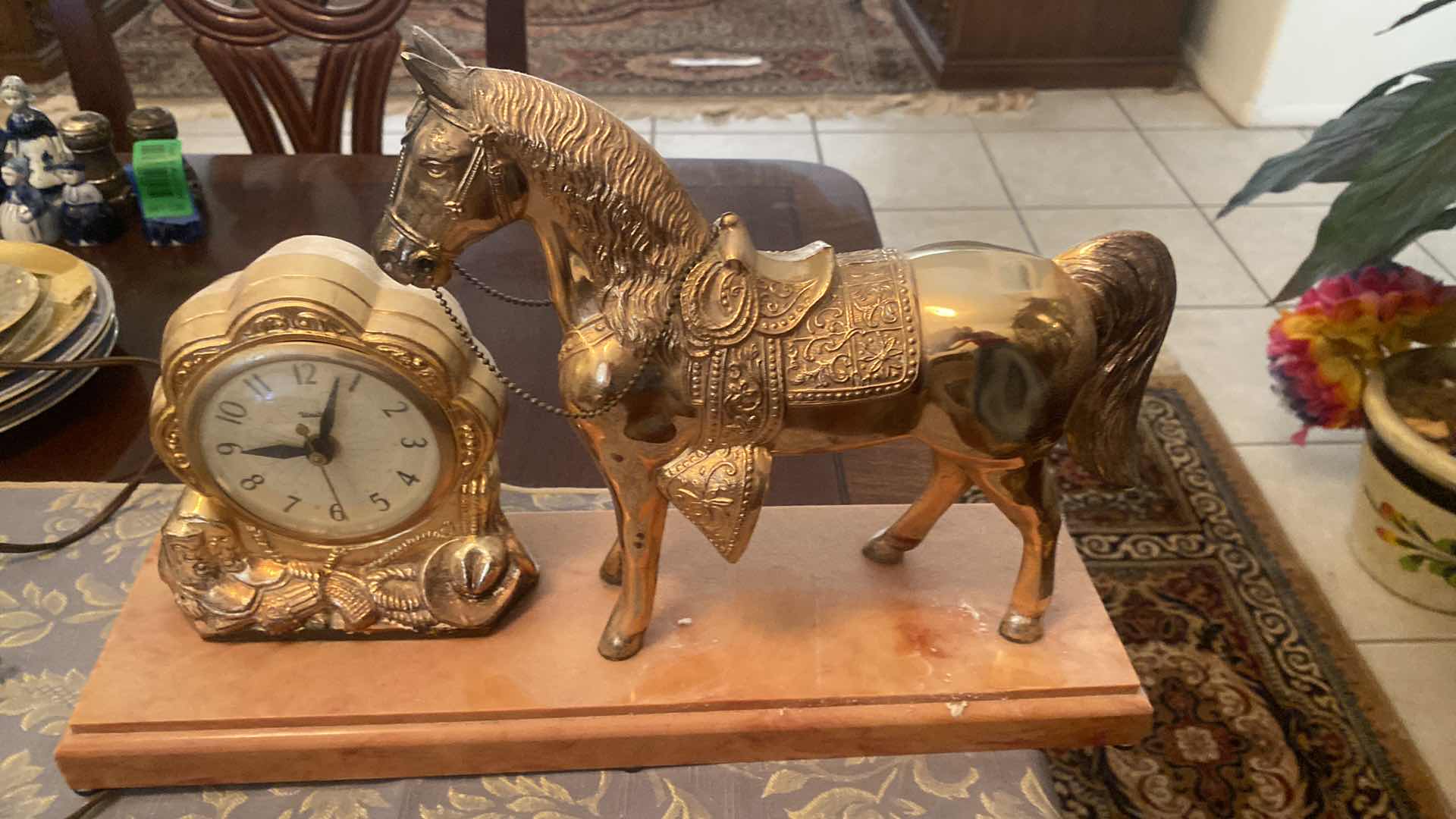 Photo 1 of CAST GOLD CLOCK & HORSE ON PLASTIC STAND (hollow) 17“ x 5“ H11”