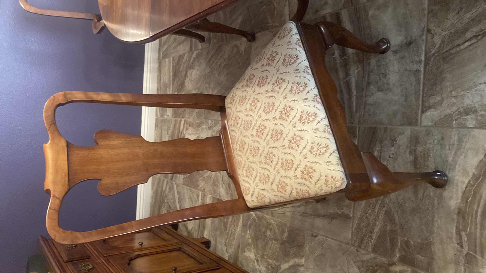 Photo 1 of WOOD DINING TABLE WITH 2 ARM CHAIRS AND 2 SIDE CHAIRS TABLE WITHOUT LEAFS 55” x 41 1/2” H29 1/2” INCLUDES 2 17 3/4” LEAFS & TABLE PAD