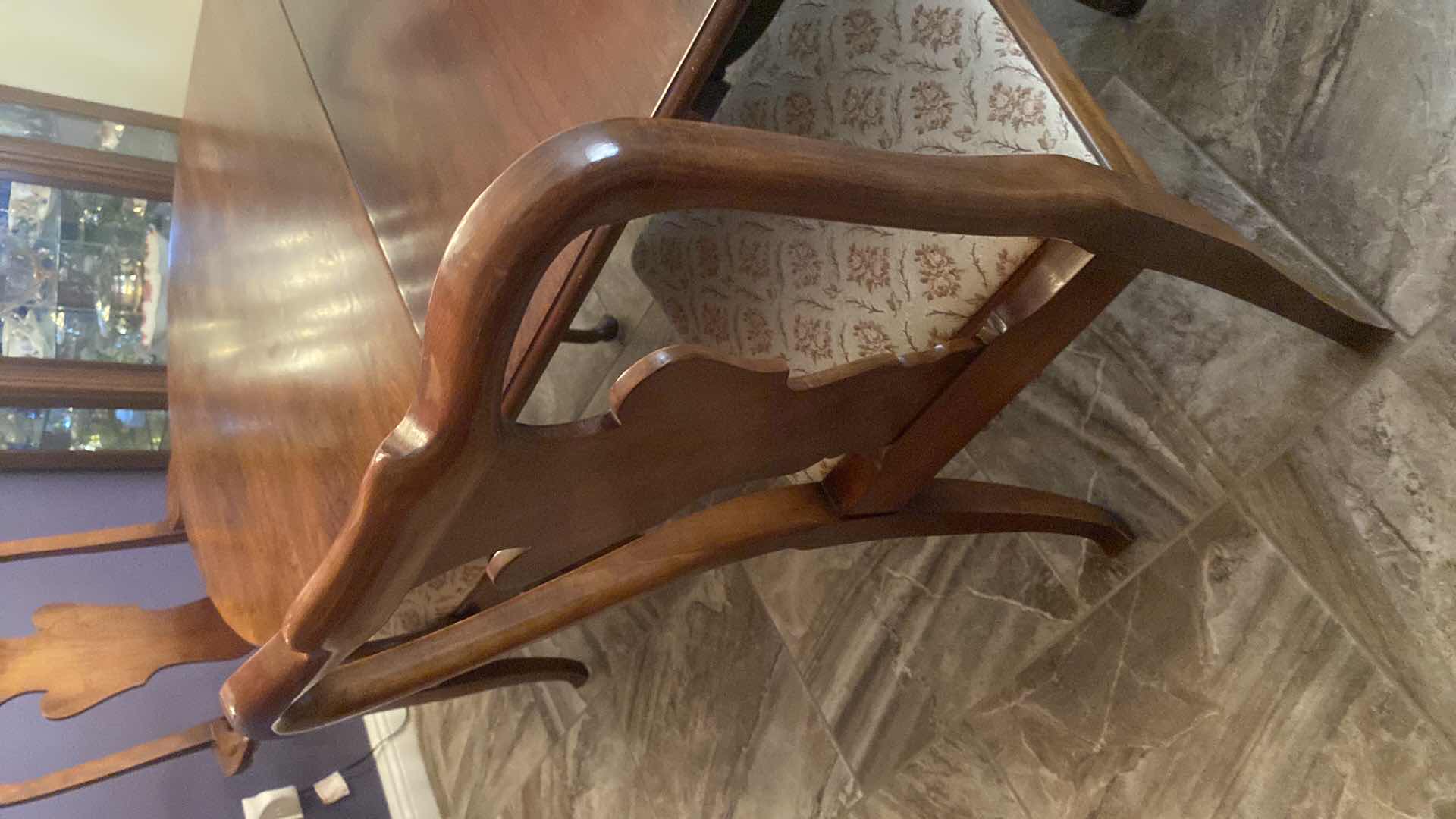 Photo 1 of WOOD DINING TABLE WITH 2 ARM CHAIRS AND 2 SIDE CHAIRS TABLE WITHOUT LEAFS 55” x 41 1/2” H29 1/2” INCLUDES 2 17 3/4” LEAFS & TABLE PAD