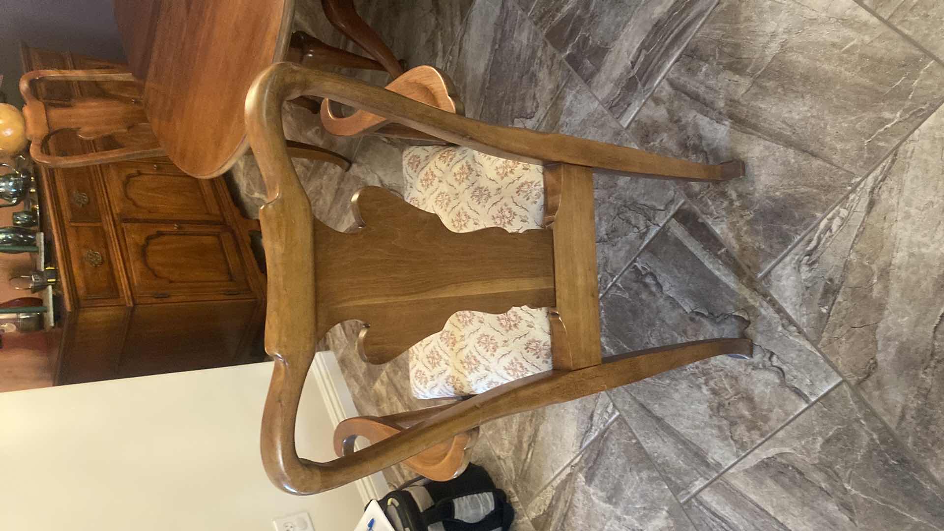 Photo 1 of WOOD DINING TABLE WITH 2 ARM CHAIRS AND 2 SIDE CHAIRS TABLE WITHOUT LEAFS 55” x 41 1/2” H29 1/2” INCLUDES 2 17 3/4” LEAFS & TABLE PAD