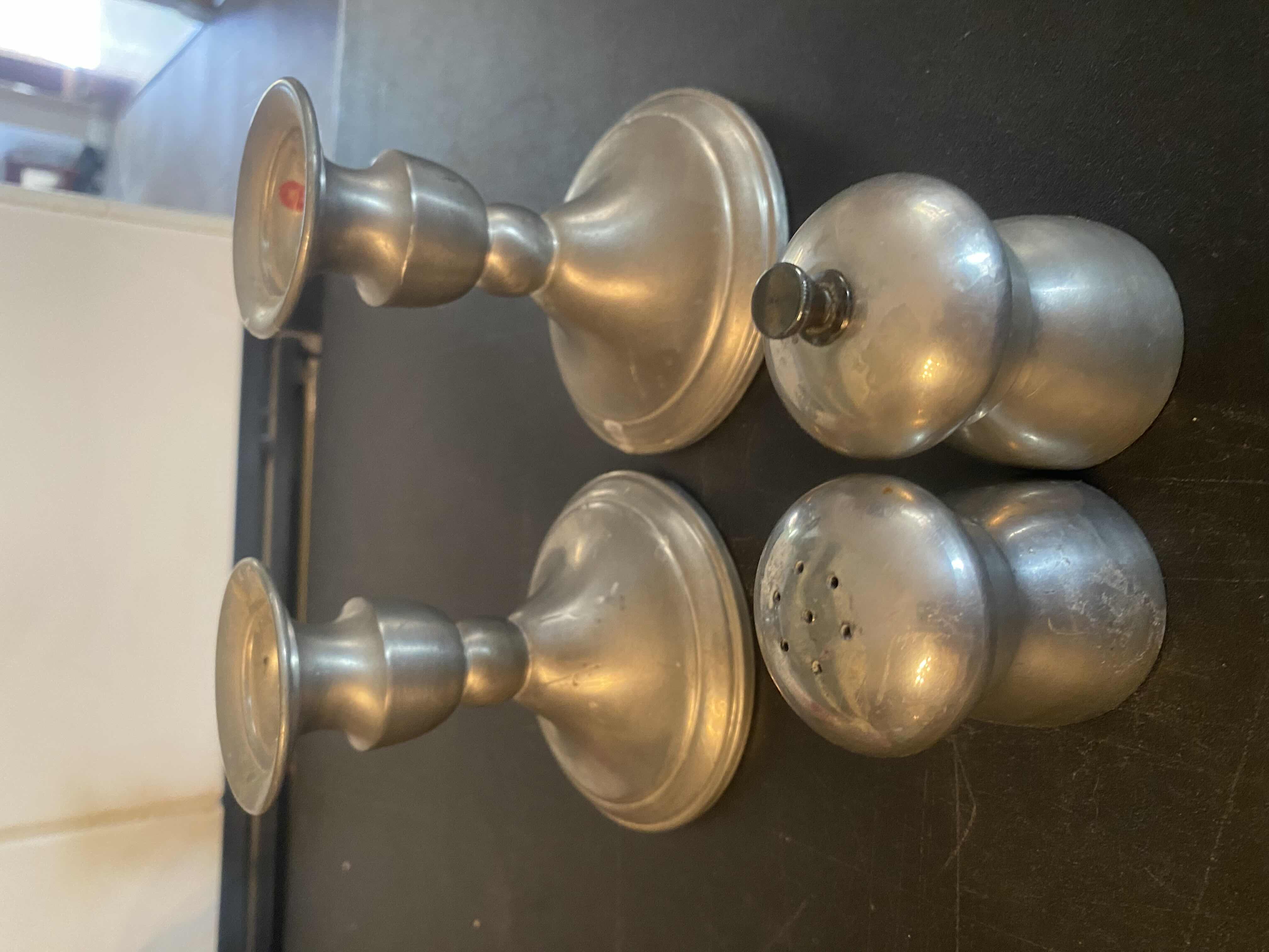 Photo 1 of PEWTER WEIGHTED CANDLE HOLDERS & SALT PEPPER 4 1/2”