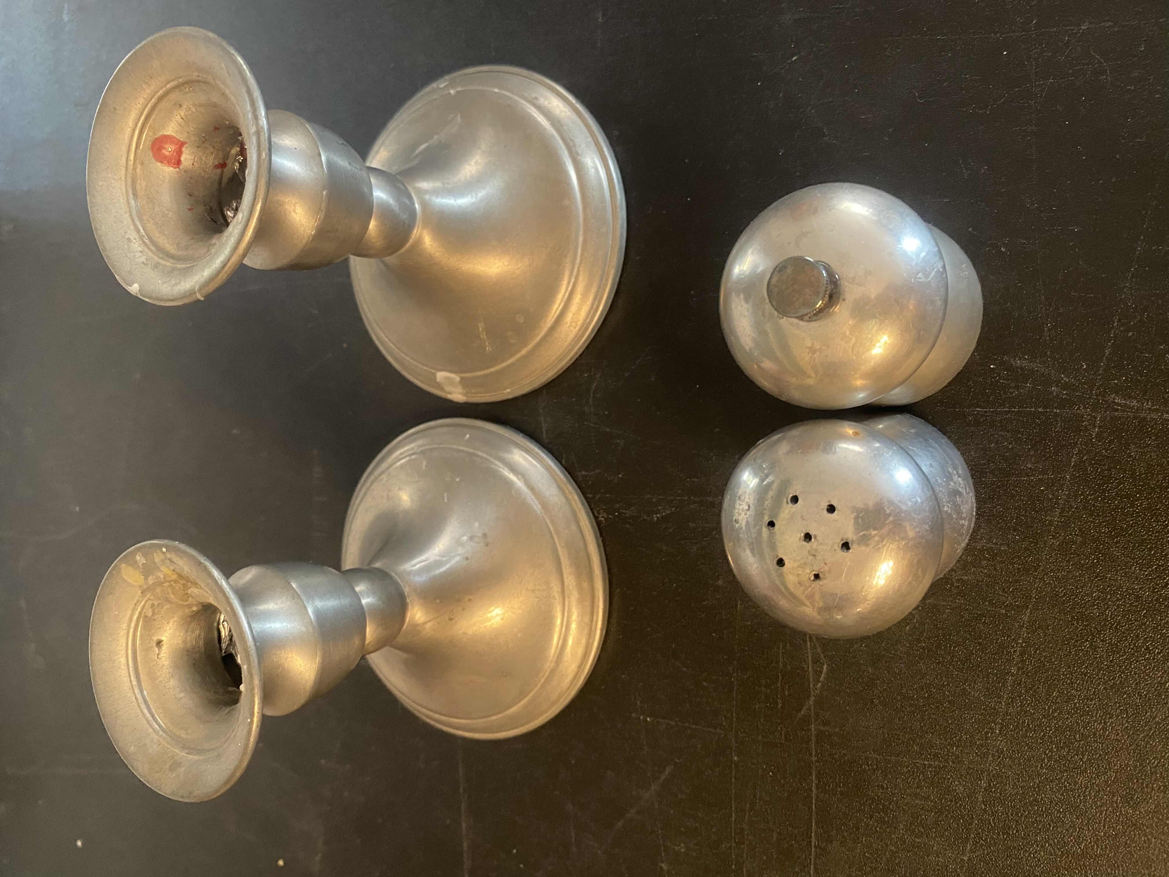 Photo 1 of PEWTER WEIGHTED CANDLE HOLDERS & SALT PEPPER 4 1/2”