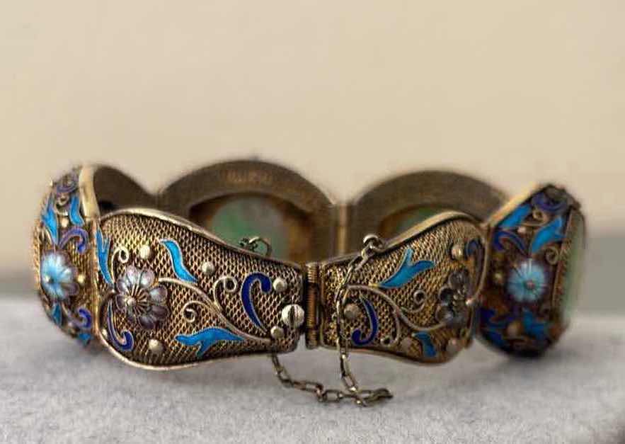 Photo 1 of CHINESE SILVER AND JADE FILLIGREE BRACELET
