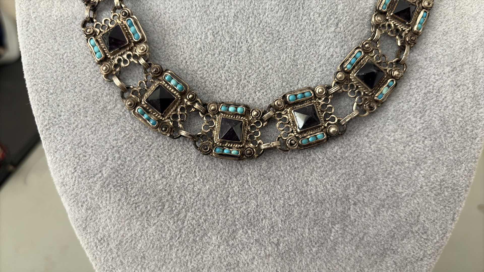 Photo 1 of SILVER NECKLACE AMETHYST AND TURQUOISE STONES 16”
