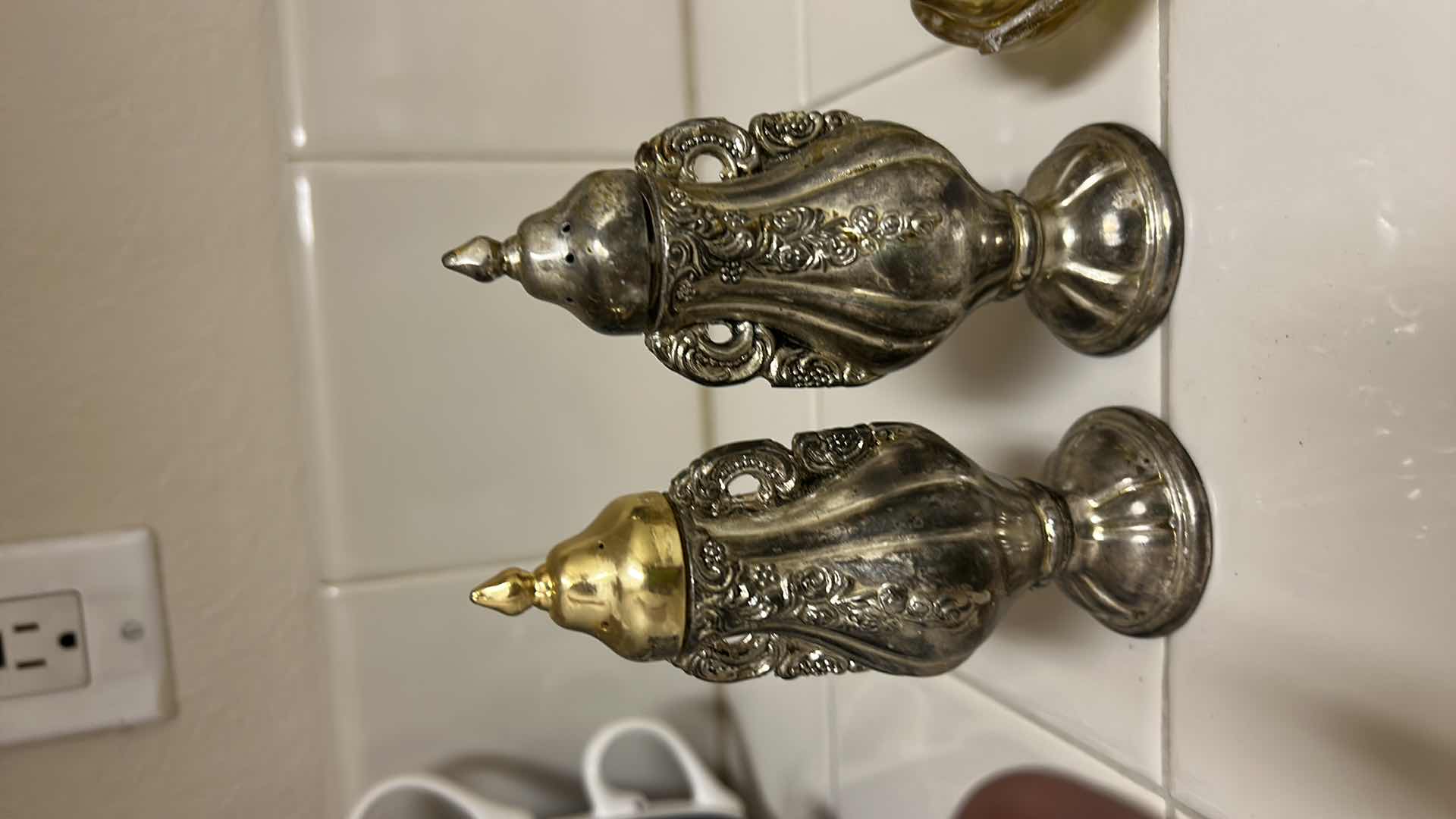 Photo 1 of VINTAGE AMBER GLASS BUTTER DISH AND GODINGER SILVER ART COMPANY SALT AND PEPPER SHAKERS