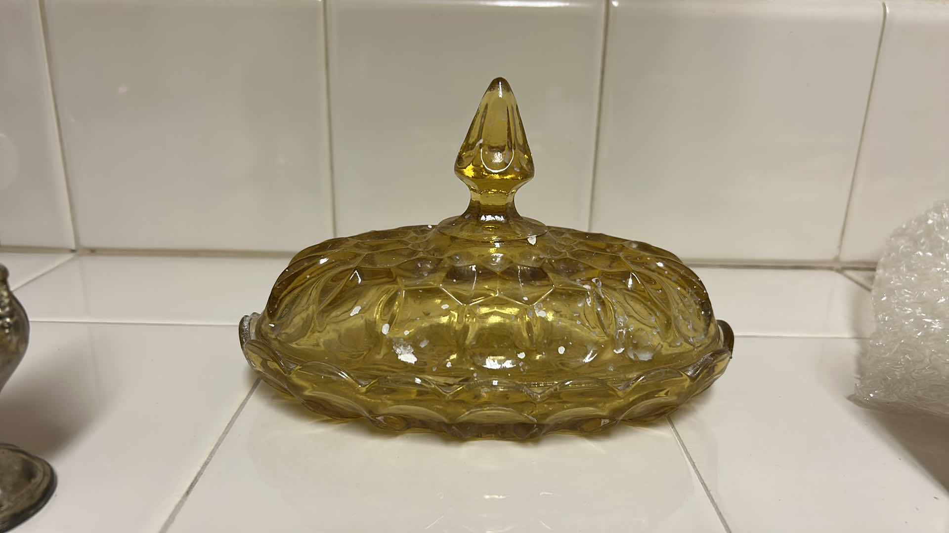 Photo 1 of VINTAGE AMBER GLASS BUTTER DISH AND GODINGER SILVER ART COMPANY SALT AND PEPPER SHAKERS