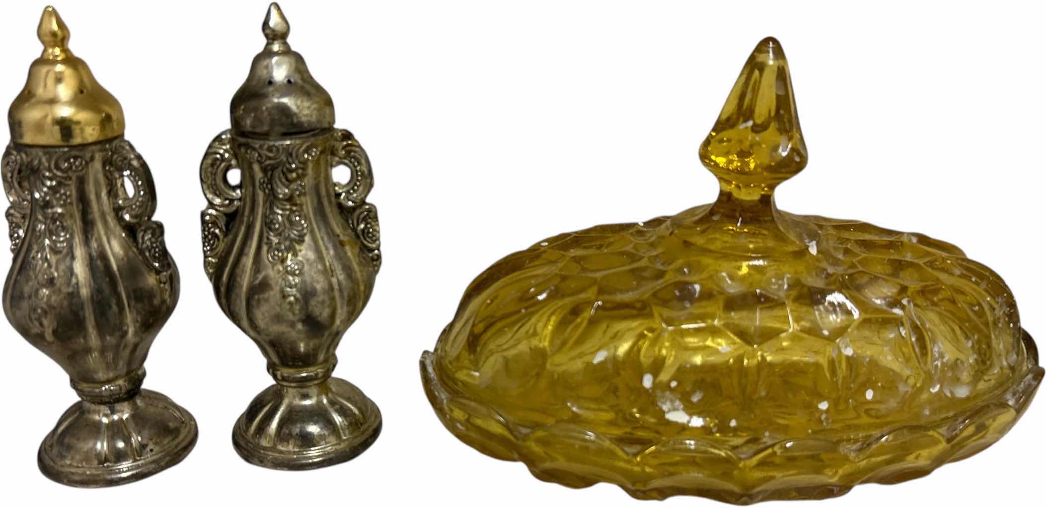 Photo 1 of VINTAGE AMBER GLASS BUTTER DISH AND GODINGER SILVER ART COMPANY SALT AND PEPPER SHAKERS