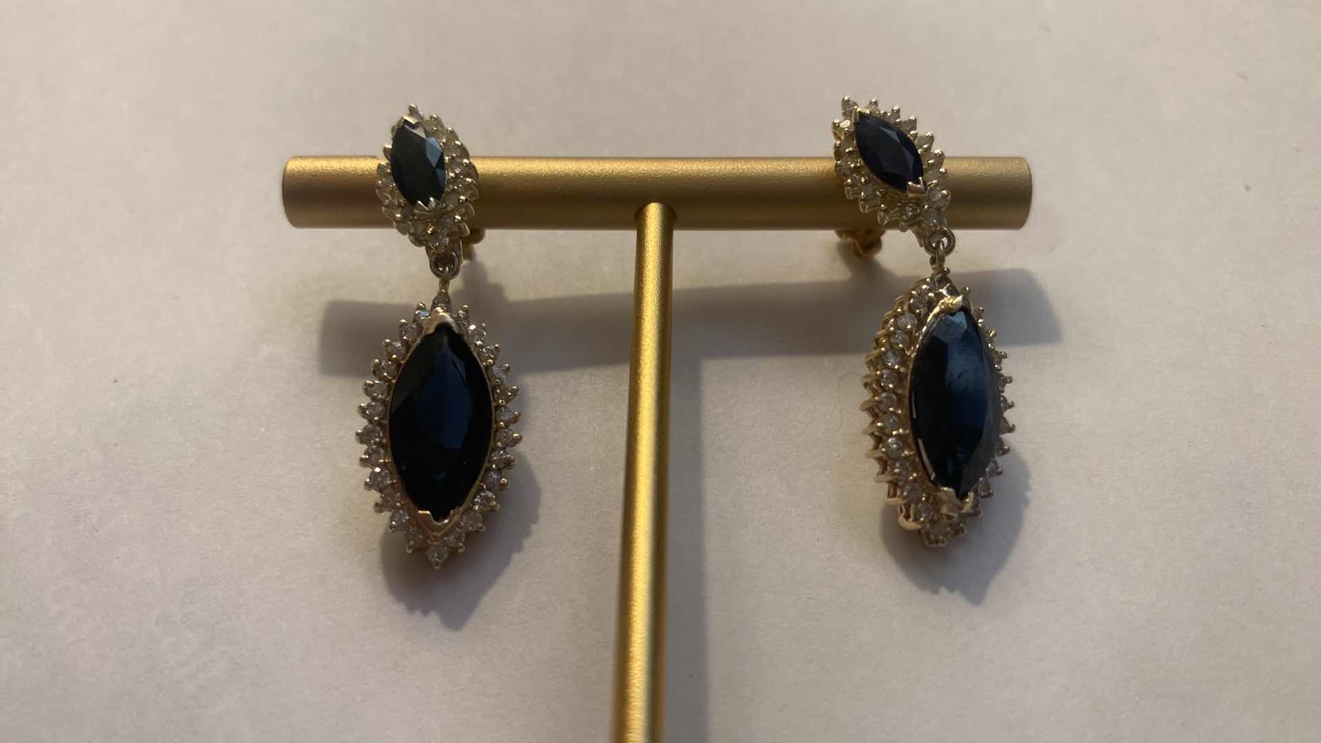 Photo 1 of 14K YELLOW GOLD w 8cwt SAPPHIRES & 2cwt DIAMOND EARRINGS 8 TTL G DROP 1 1/2” #7
