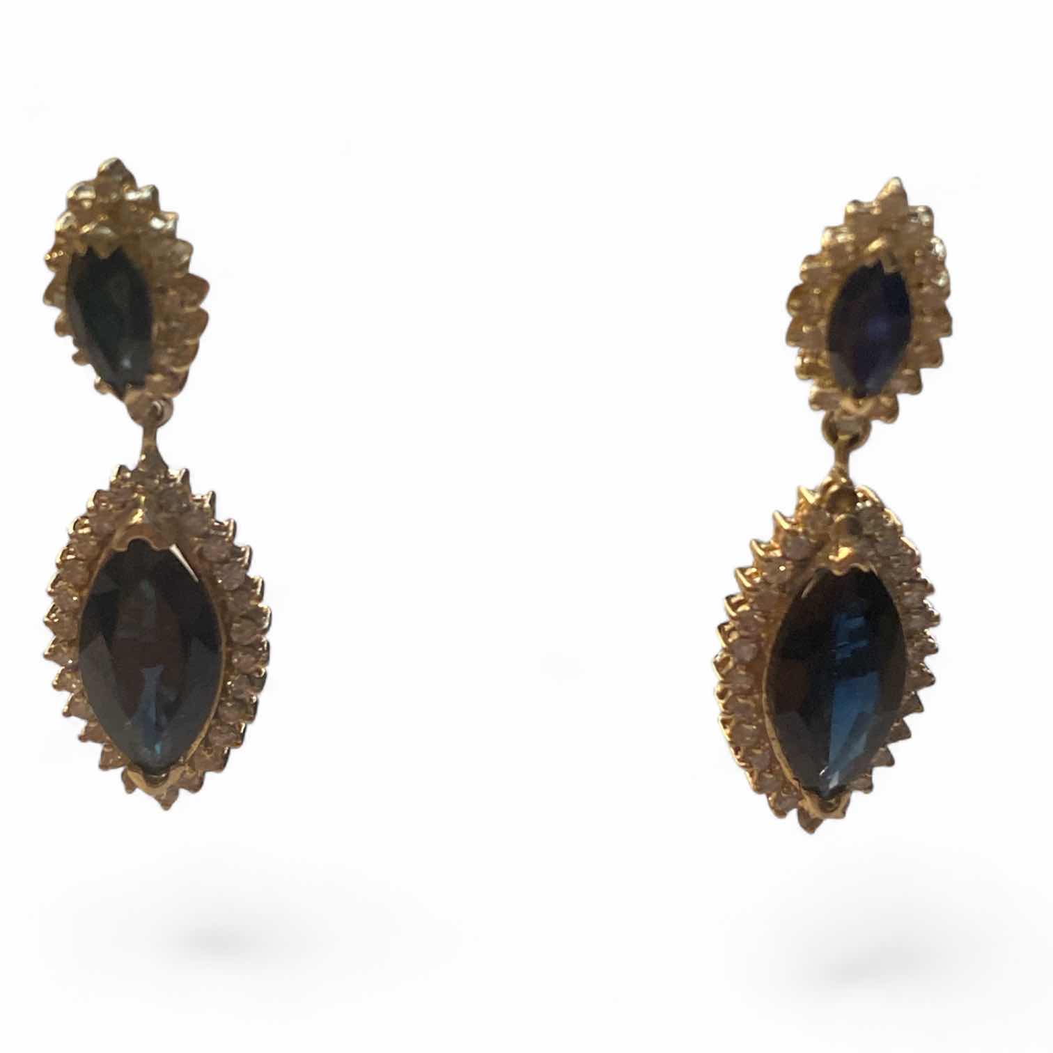Photo 1 of 14K YELLOW GOLD w 8cwt SAPPHIRES & 2cwt DIAMOND EARRINGS 8 TTL G DROP 1 1/2” #7