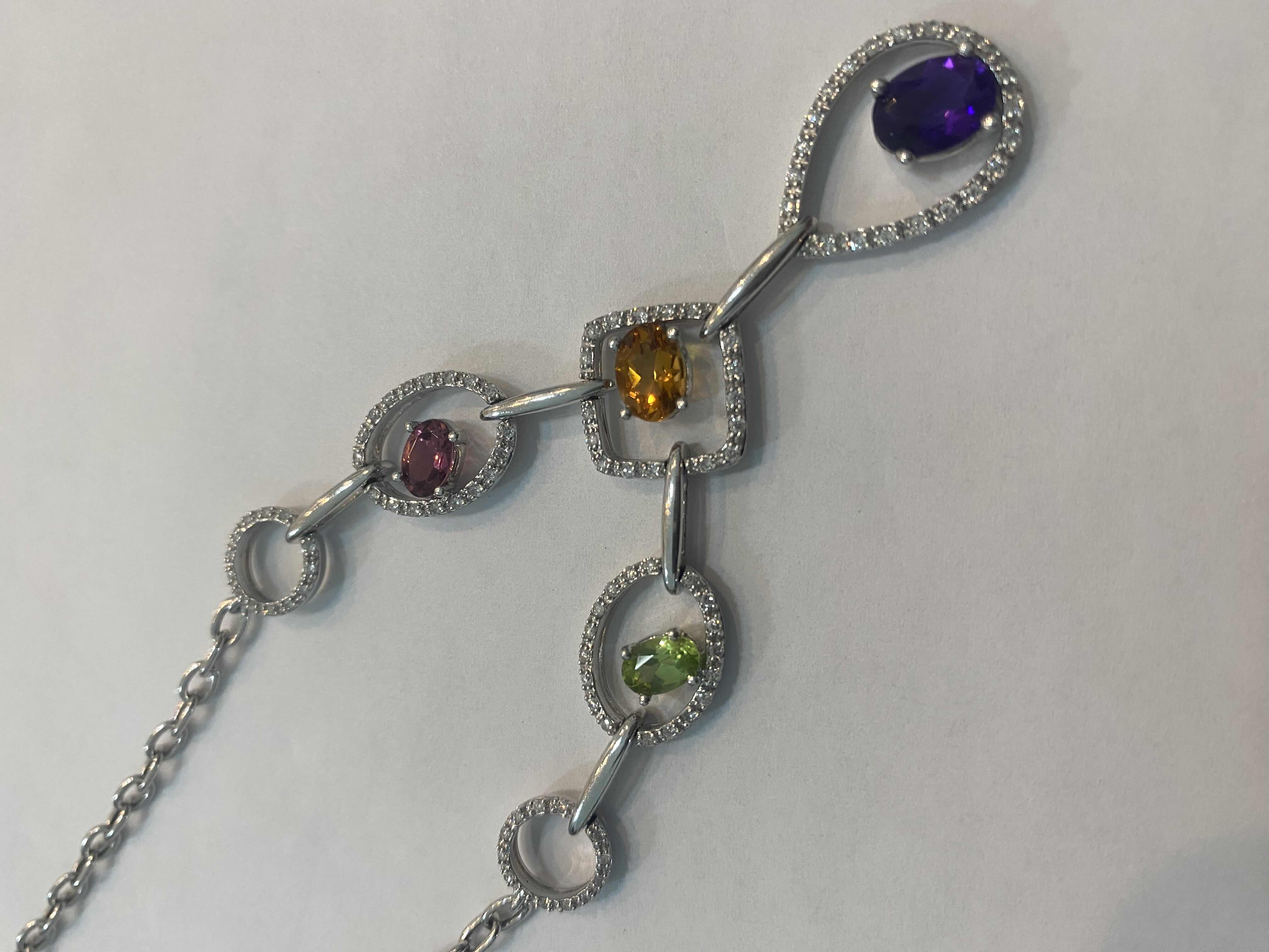 Photo 1 of 14K WHITE GOLD MULTI GEM STONES w 1cwt DIAMONDS NECKLACE 11.89G CHAIN 14” DROP 2 1/2” #30