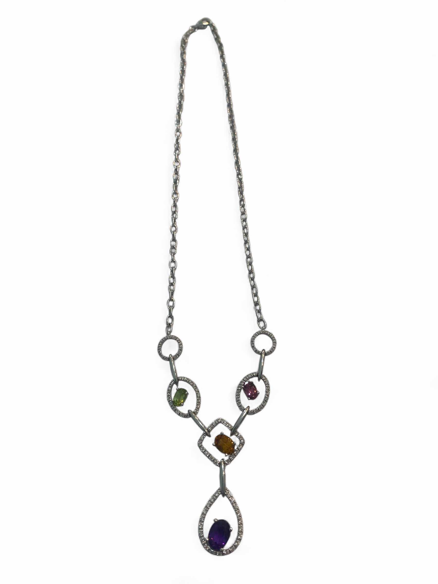 Photo 1 of 14K WHITE GOLD MULTI GEM STONES w 1cwt DIAMONDS NECKLACE 11.89G CHAIN 14” DROP 2 1/2” #30