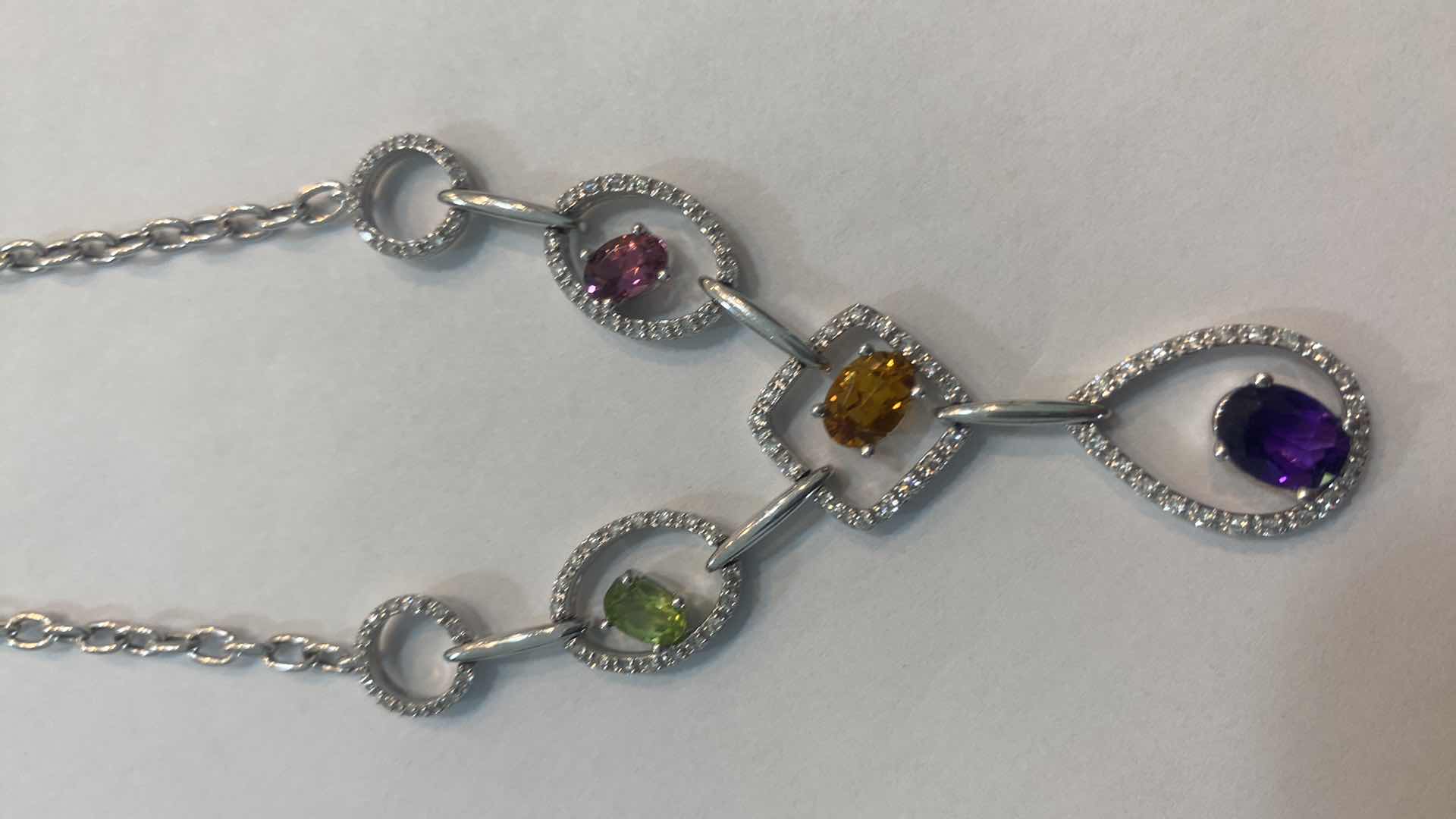 Photo 1 of 14K WHITE GOLD MULTI GEM STONES w 1cwt DIAMONDS NECKLACE 11.89G CHAIN 14” DROP 2 1/2” #30