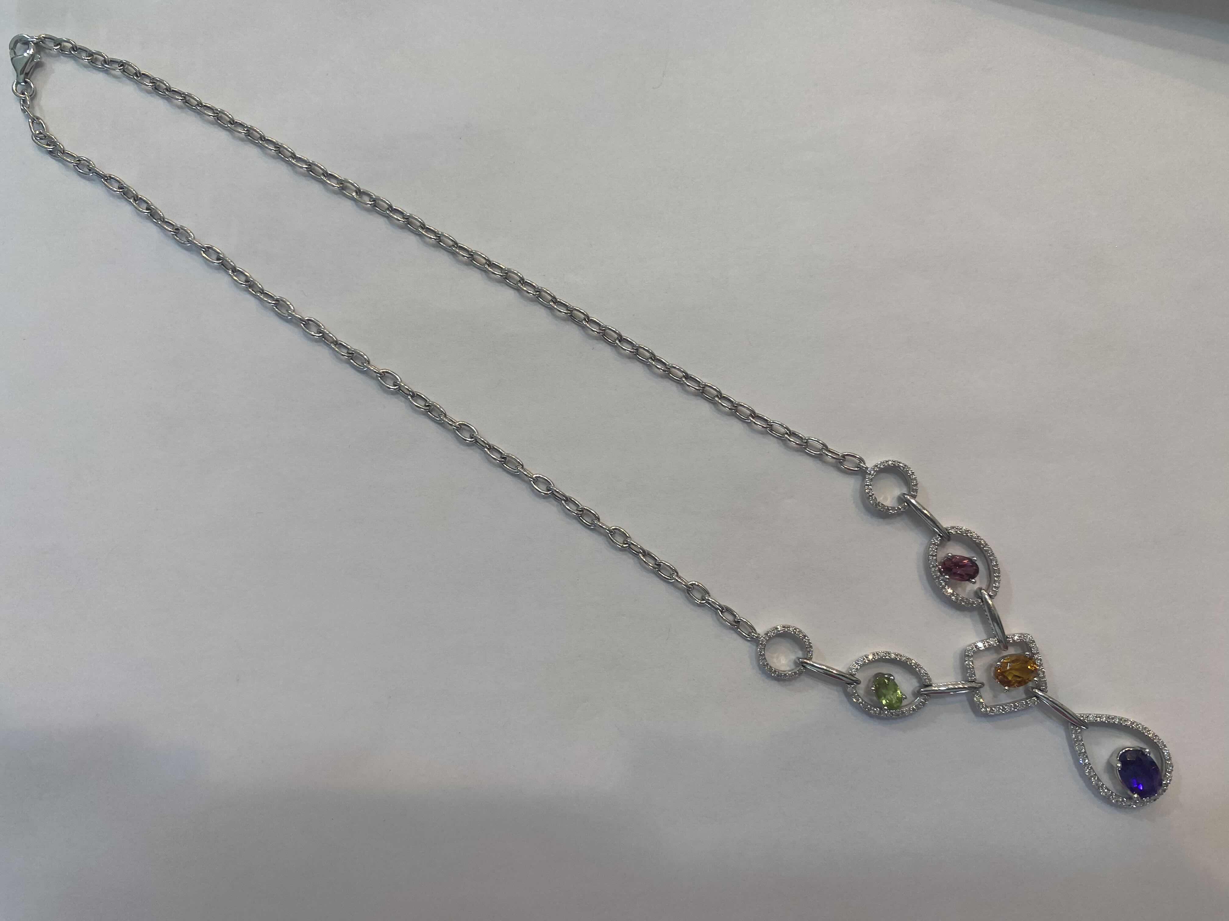 Photo 1 of 14K WHITE GOLD MULTI GEM STONES w 1cwt DIAMONDS NECKLACE 11.89G CHAIN 14” DROP 2 1/2” #30