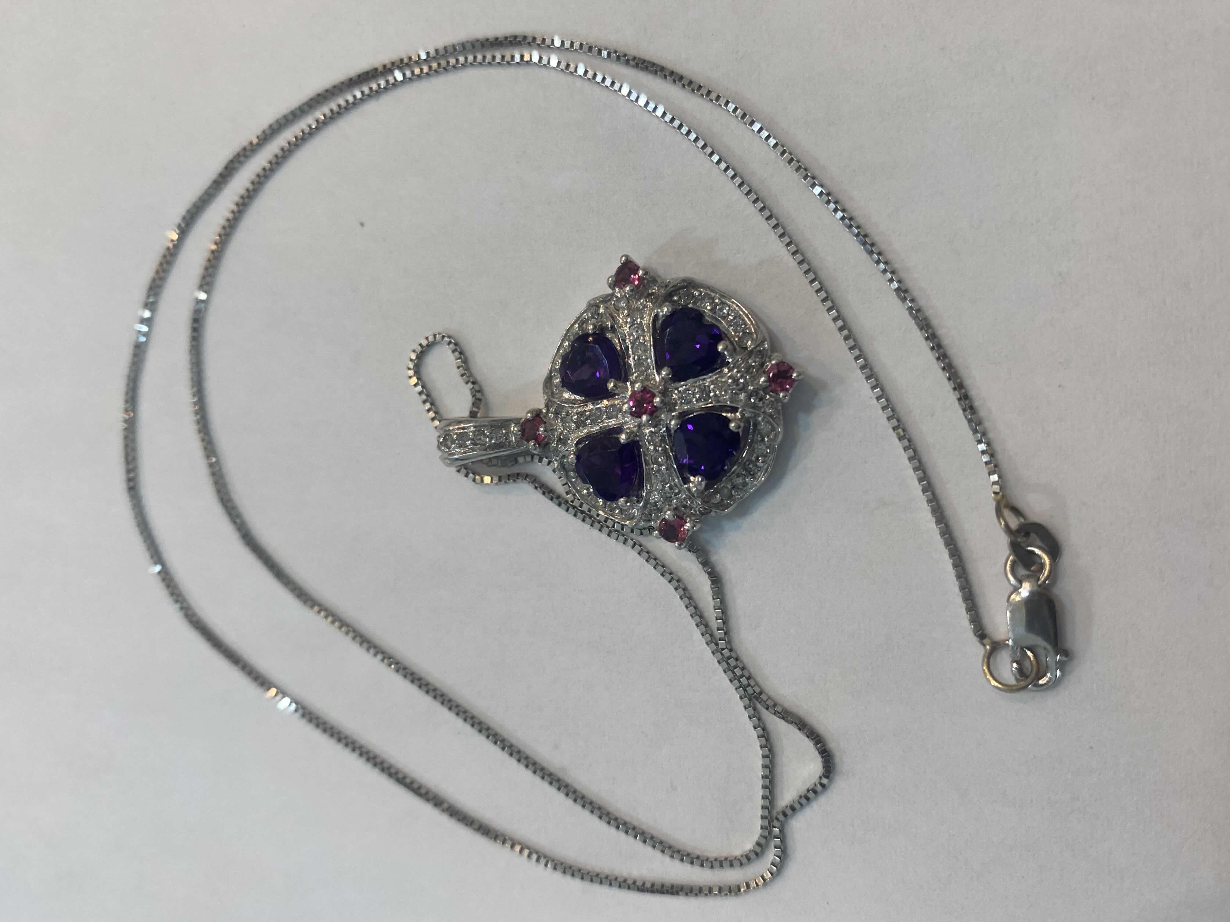 Photo 1 of 14K WHITE GOLD 3cwt AMETHYST 0.50cwt DIAMONDS NECKLACE 7.6G CHAIN 19” #31