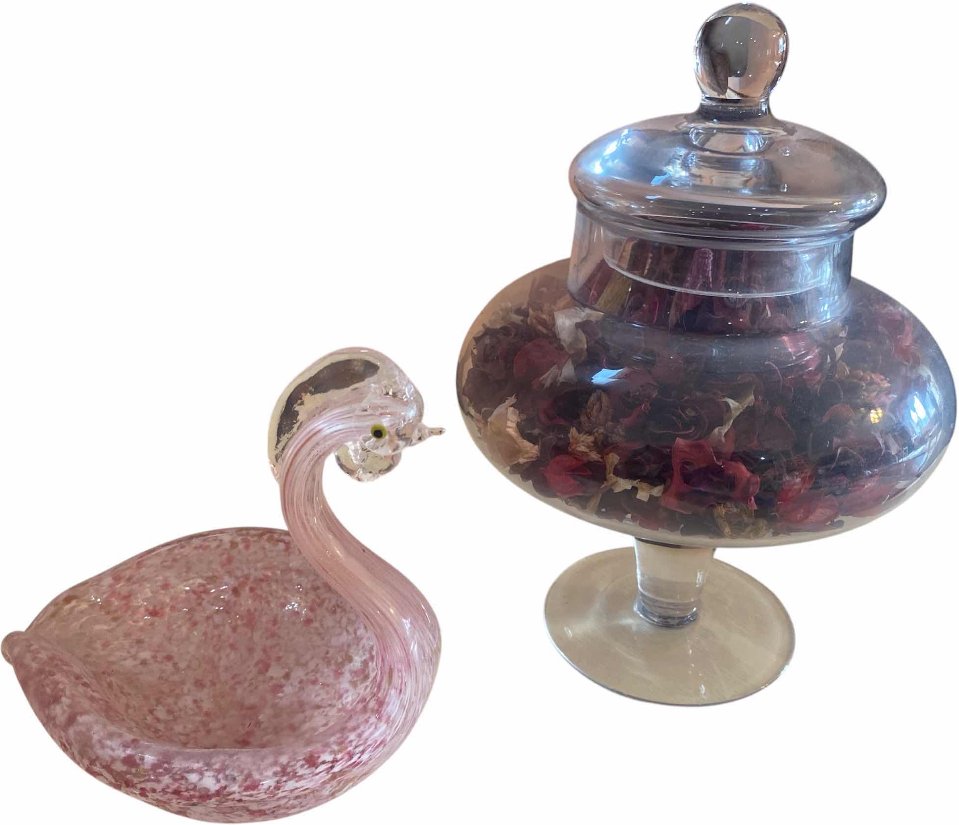 Photo 1 of COVERED. GLASS POTPOURRI VASE & PINK ART GLASS. BIRD TALLEST H11”