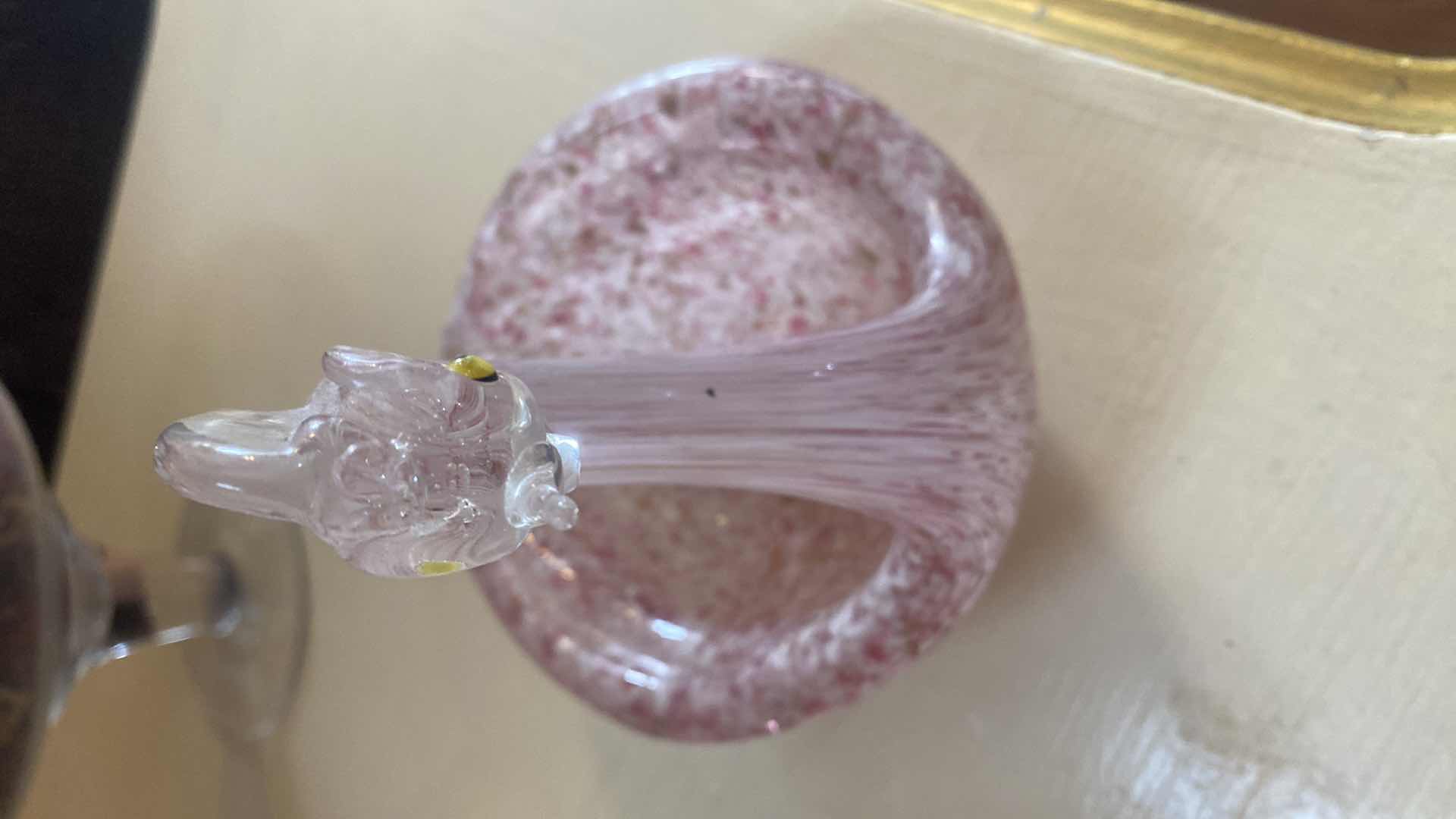 Photo 1 of COVERED. GLASS POTPOURRI VASE & PINK ART GLASS. BIRD TALLEST H11”