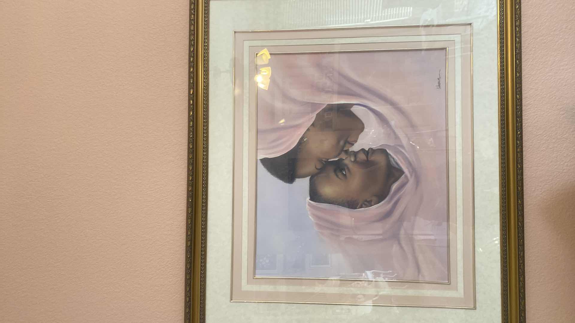 Photo 1 of GOLD FRAMED AFRICAN MOTHER & CHILD PRINT SIGNED WOODRUM ARTWORK 39” x 33”