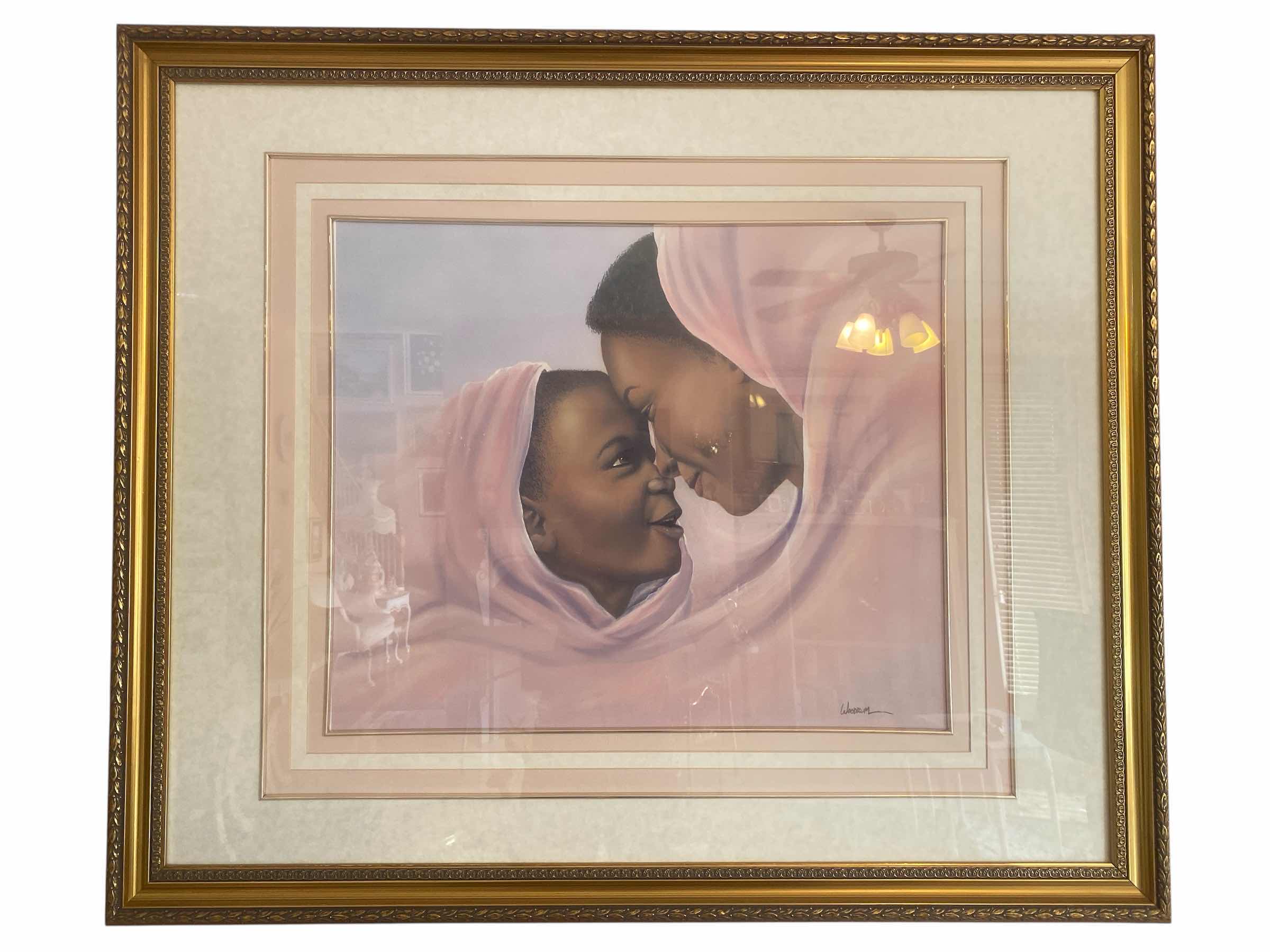 Photo 1 of GOLD FRAMED AFRICAN MOTHER & CHILD PRINT SIGNED WOODRUM ARTWORK 39” x 33”
