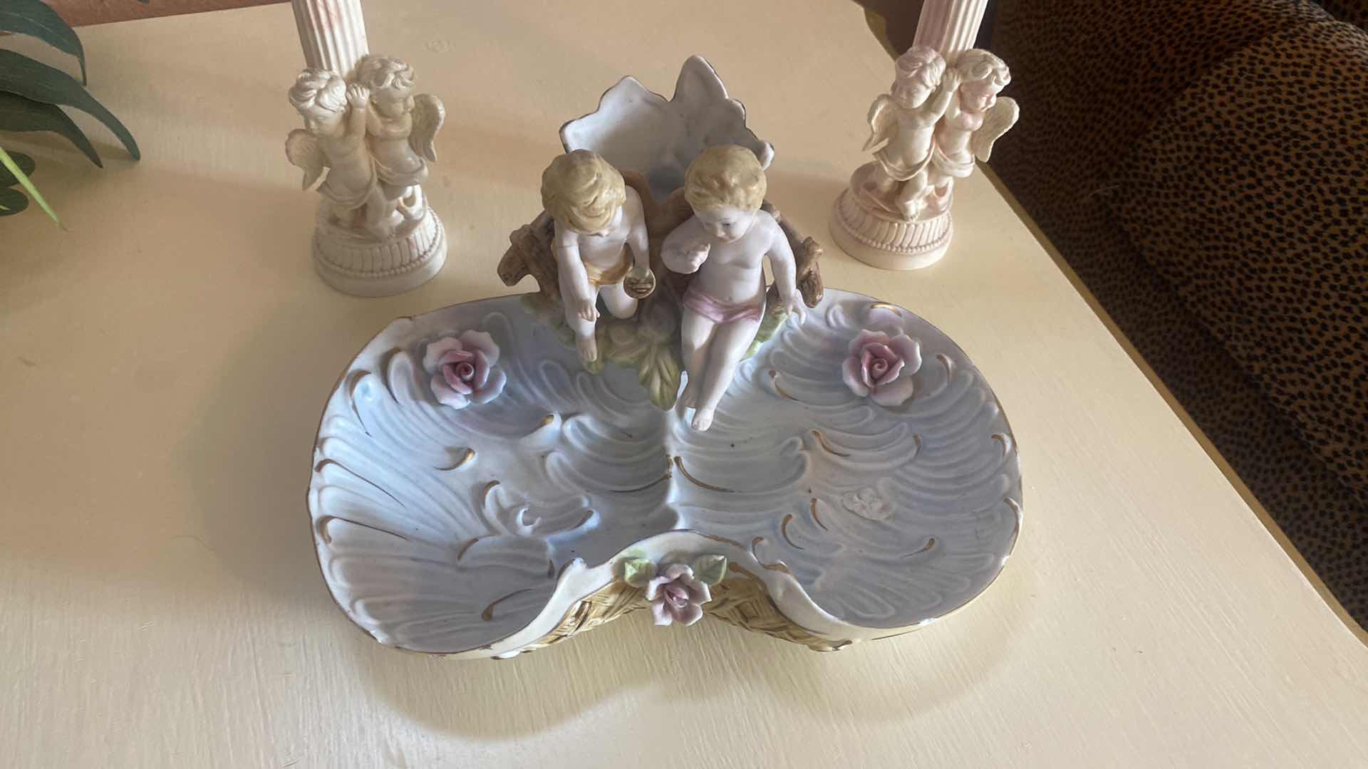 Photo 1 of CHERUB BISQUE TRAY & CANDLE HOLDERS TRAY 10” X 5 1/2“