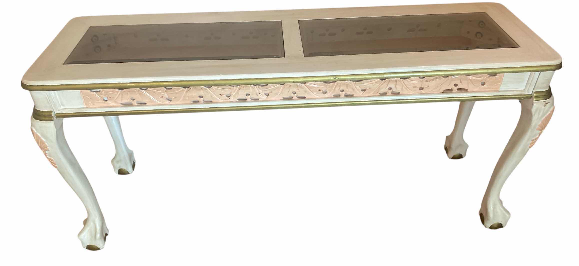 Photo 1 of WOOD BALL & CLAW CONSOLE TABLE W/INSET BEVELED GLASS 53 1/2“ x 16“ H 25”