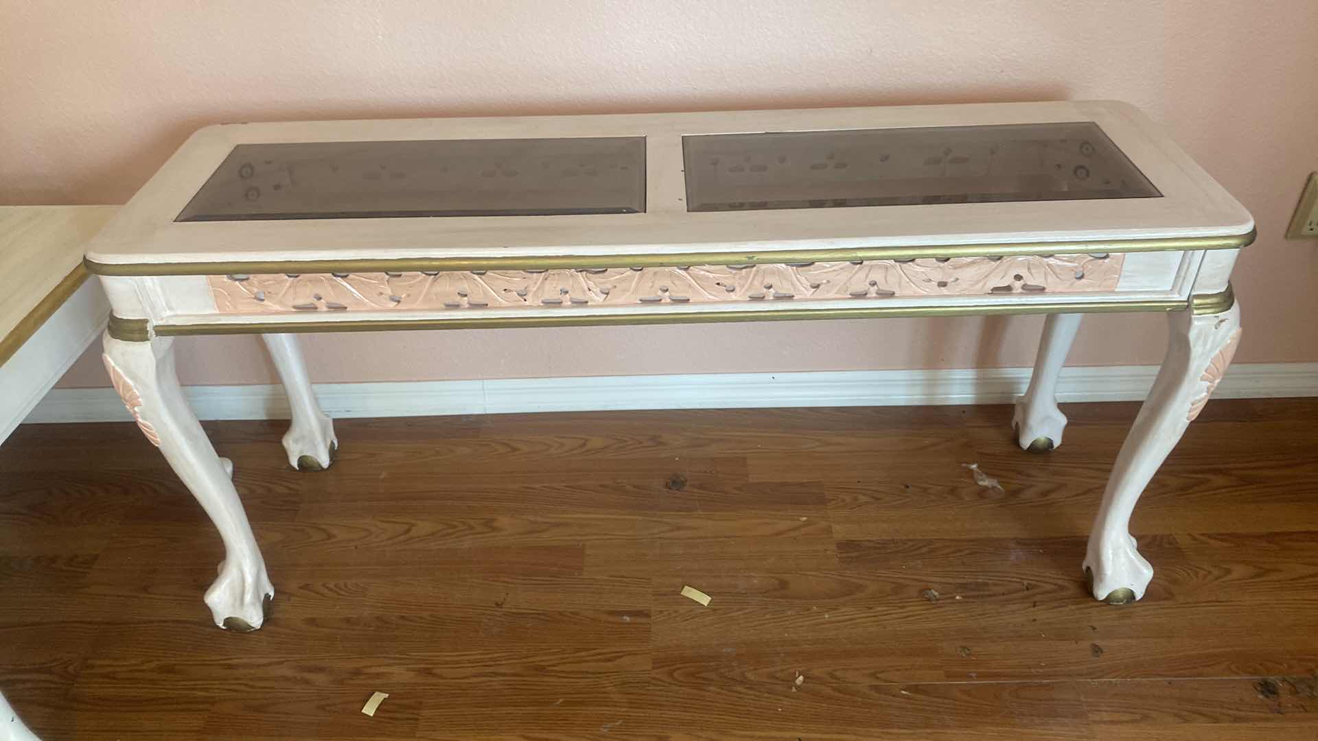 Photo 1 of WOOD BALL & CLAW CONSOLE TABLE W/INSET BEVELED GLASS 53 1/2“ x 16“ H 25”