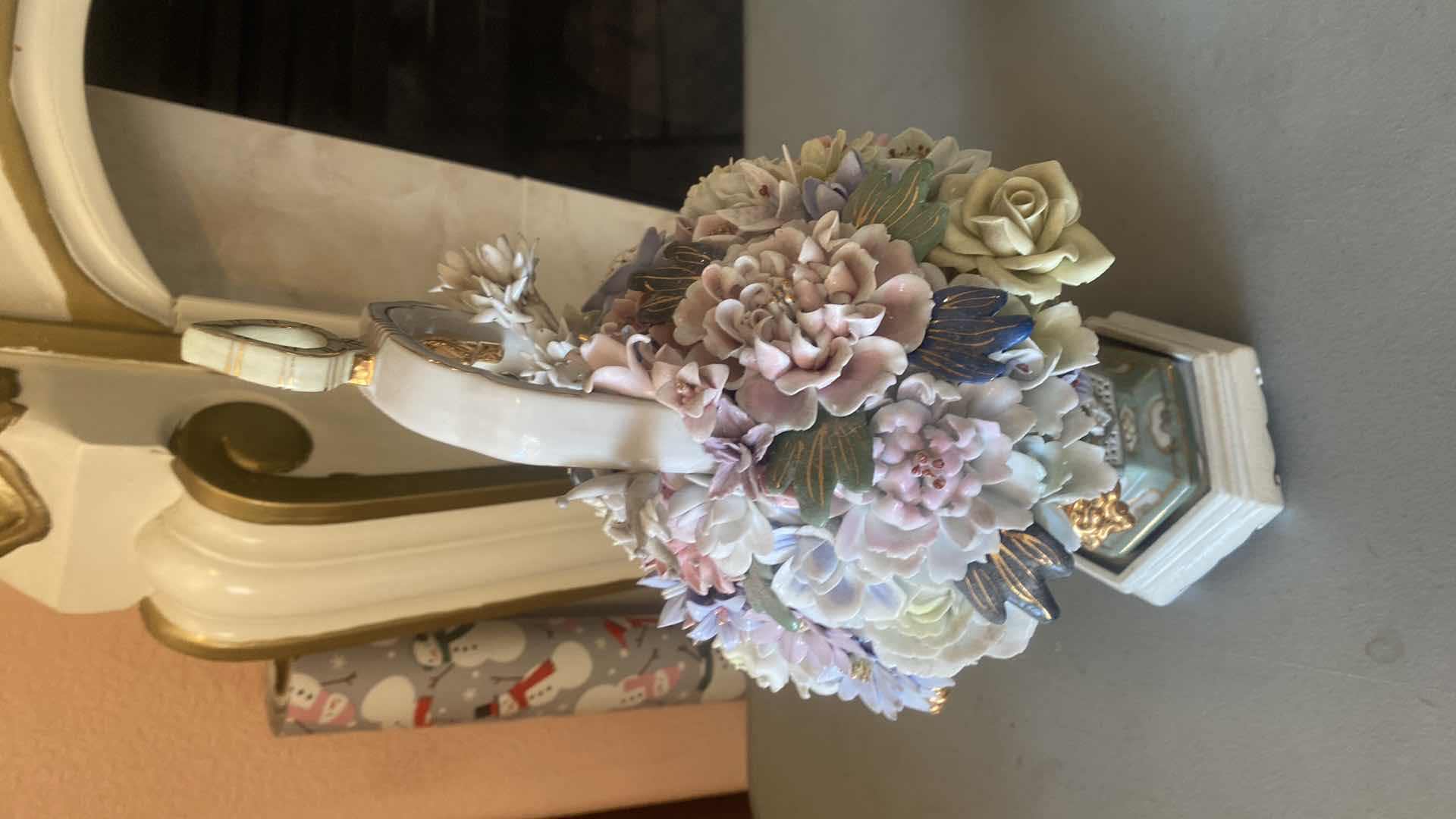 Photo 1 of HEAVY CERAMIC FLORAL BASKET ON WOOD STAND H16”