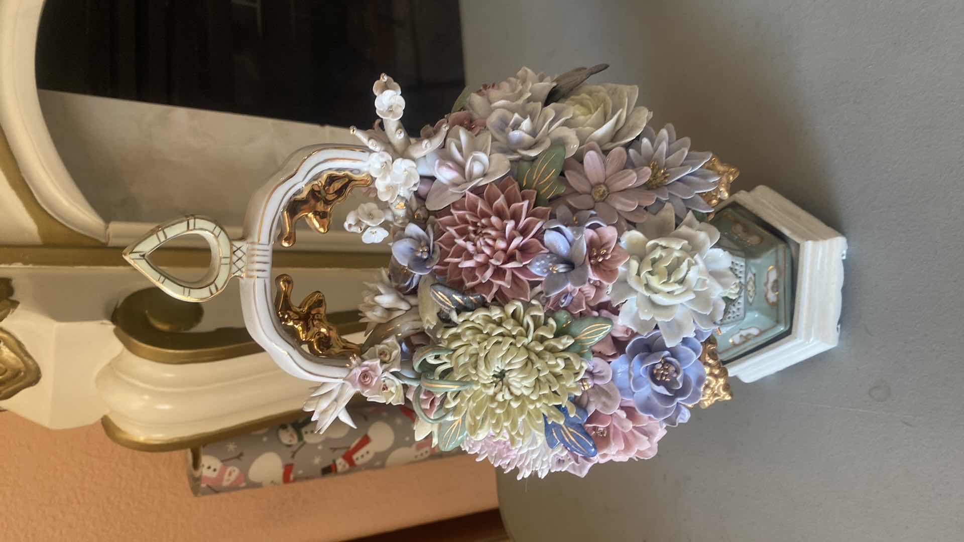 Photo 1 of HEAVY CERAMIC FLORAL BASKET ON WOOD STAND H16”