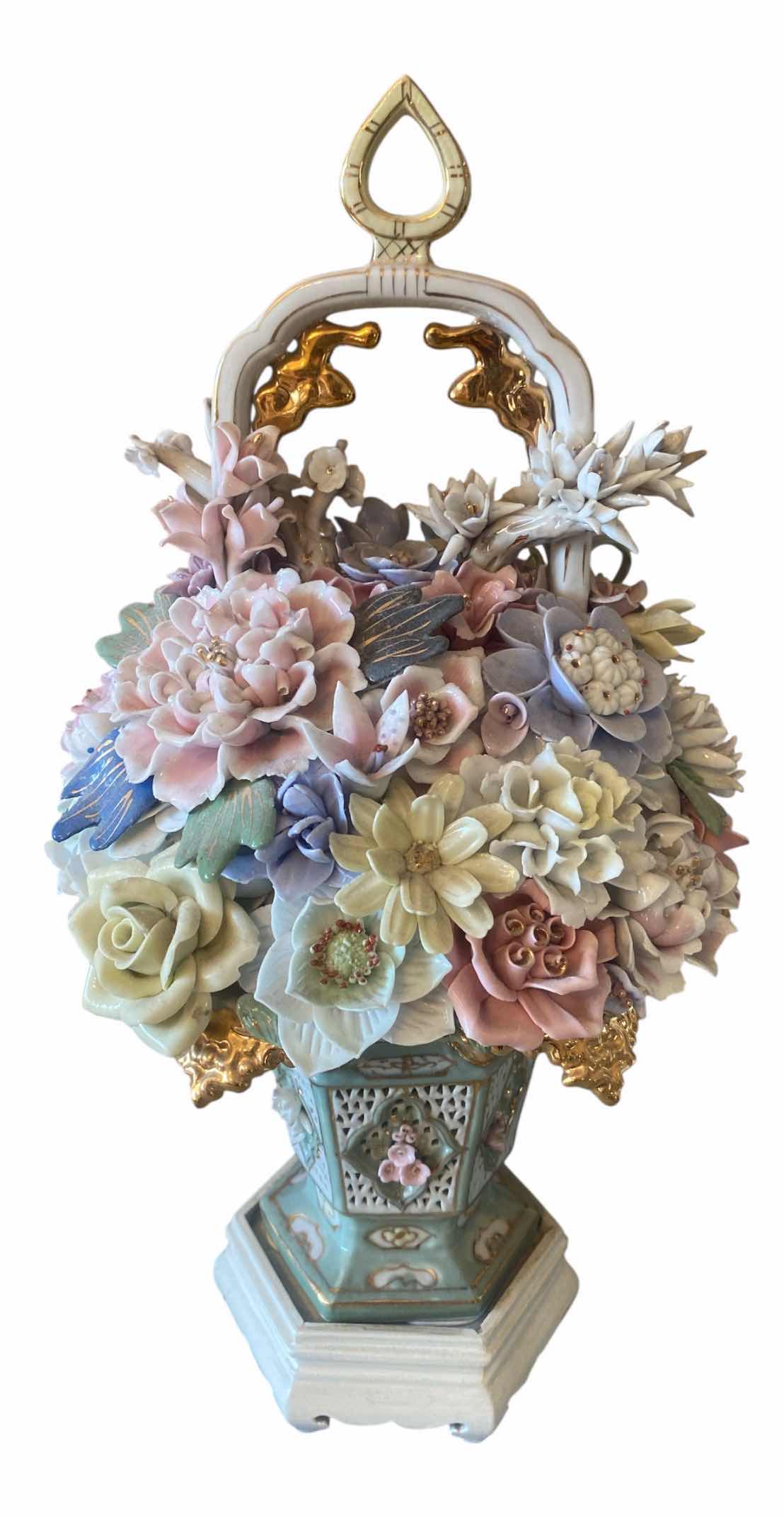 Photo 1 of HEAVY CERAMIC FLORAL BASKET ON WOOD STAND H16”