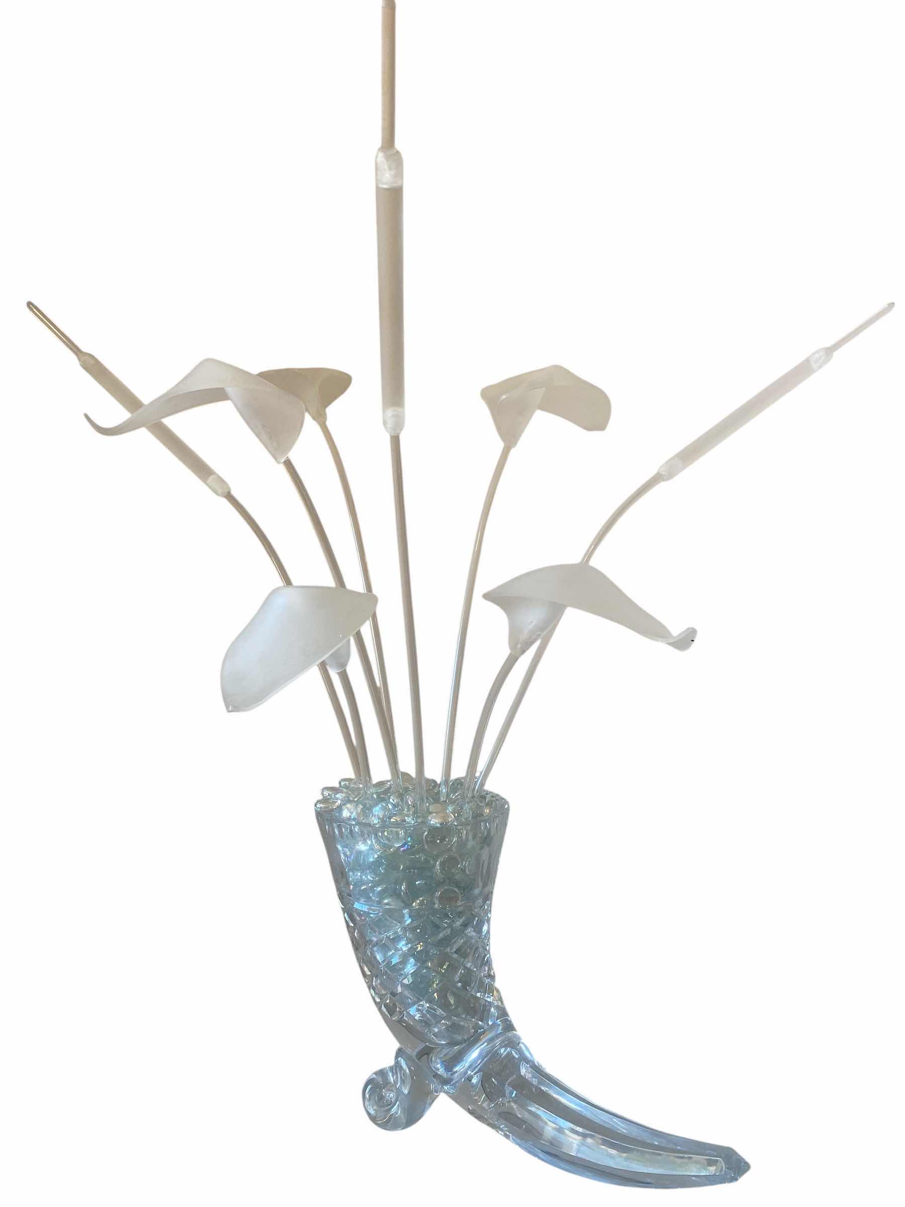 Photo 1 of LEADED GLASS CORNICOPIA VASE WITH RESIN FLOWERS VASE H8”