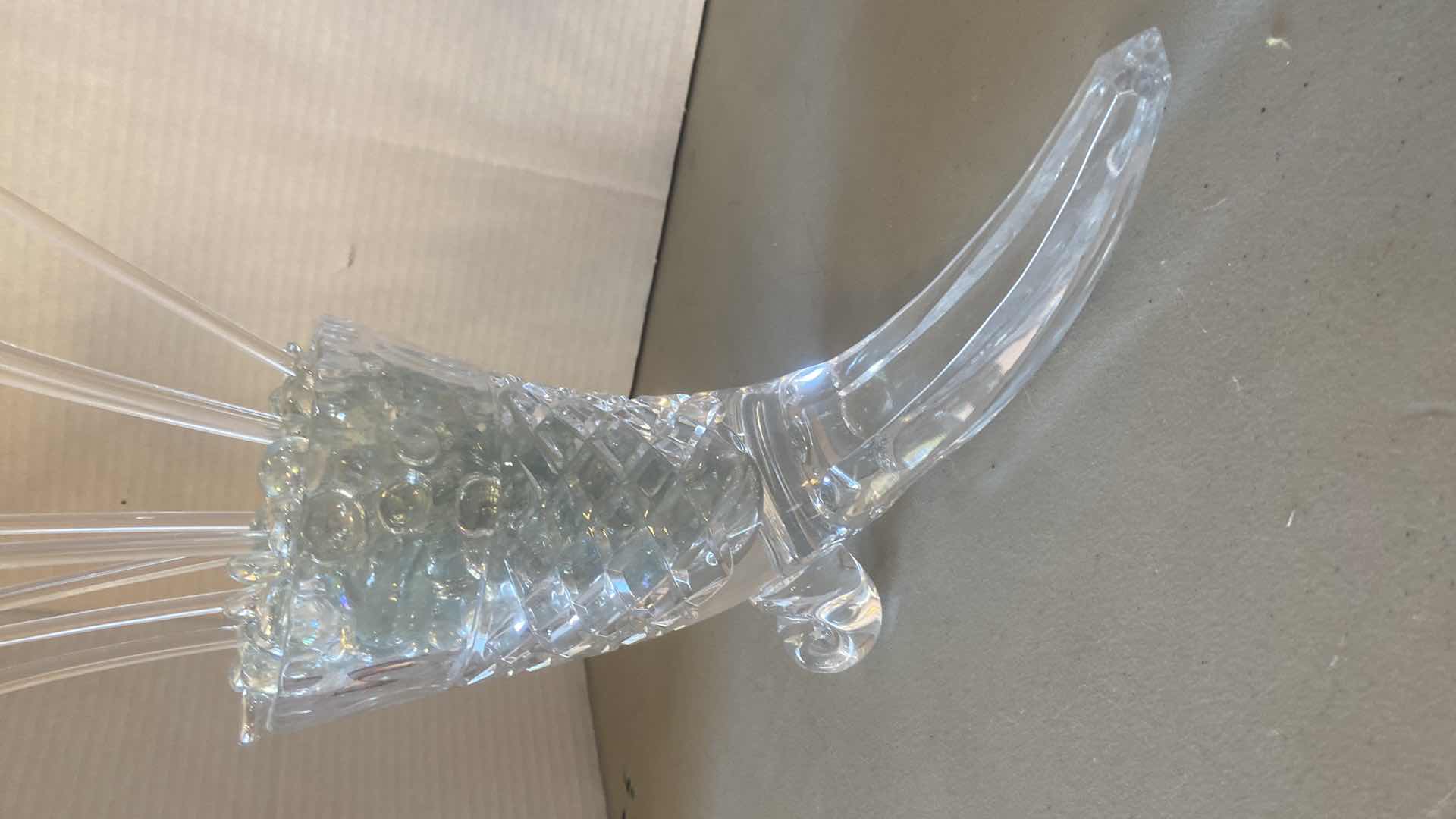 Photo 1 of LEADED GLASS CORNICOPIA VASE WITH RESIN FLOWERS VASE H8”