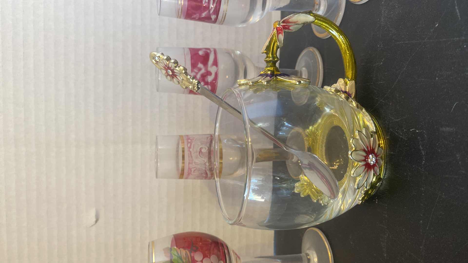 Photo 1 of TEA GLASS WITH ENAMEL FLOWERS & 7 CORDIAL GLASSES