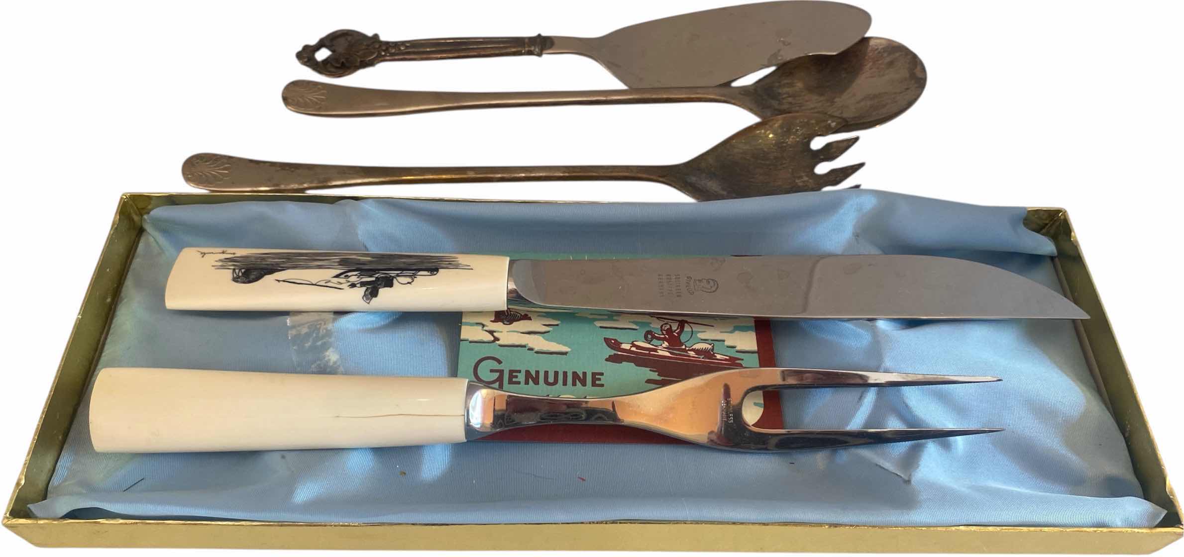 Photo 1 of GENUINE IVORY CARVING SET & 3 PIECES SILVER PLATE