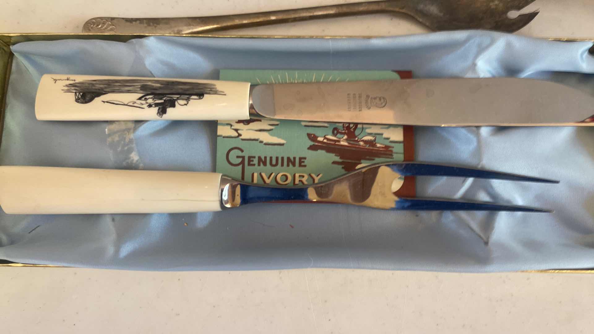 Photo 1 of GENUINE IVORY CARVING SET & 3 PIECES SILVER PLATE