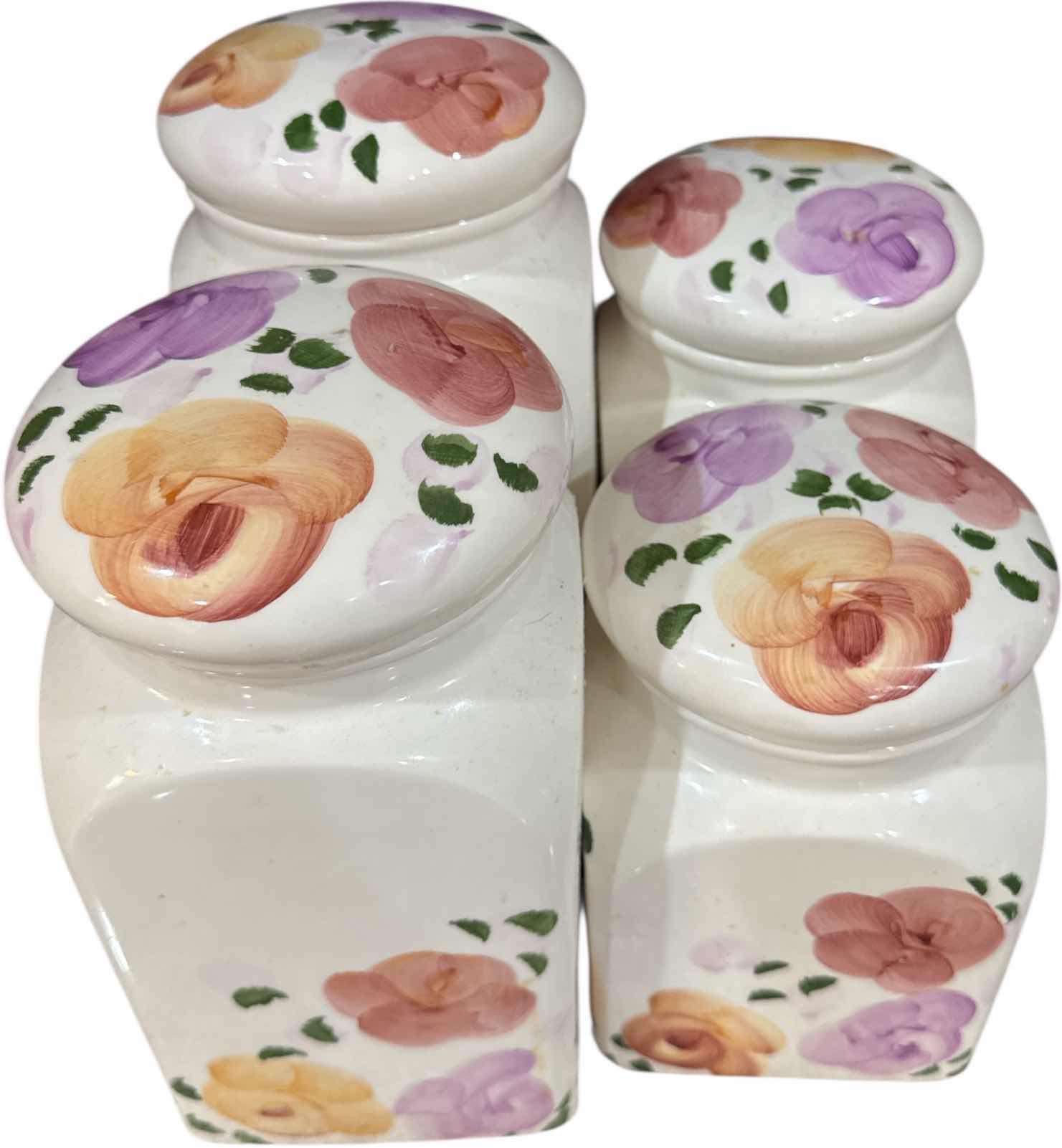 Photo 1 of 4- VINTAGE CERAMIC PLASTIC FLORAL DESIGN CANISTERS 
H11” AND SMALLER