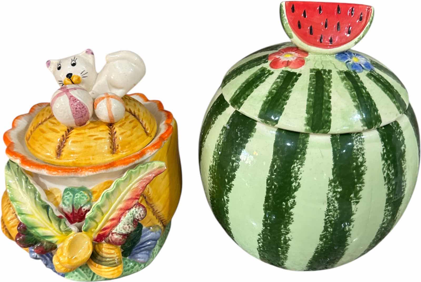 Photo 1 of VINTAGE COOKIE JARS WATERMELON AND CAT
H9” AND SMALLER