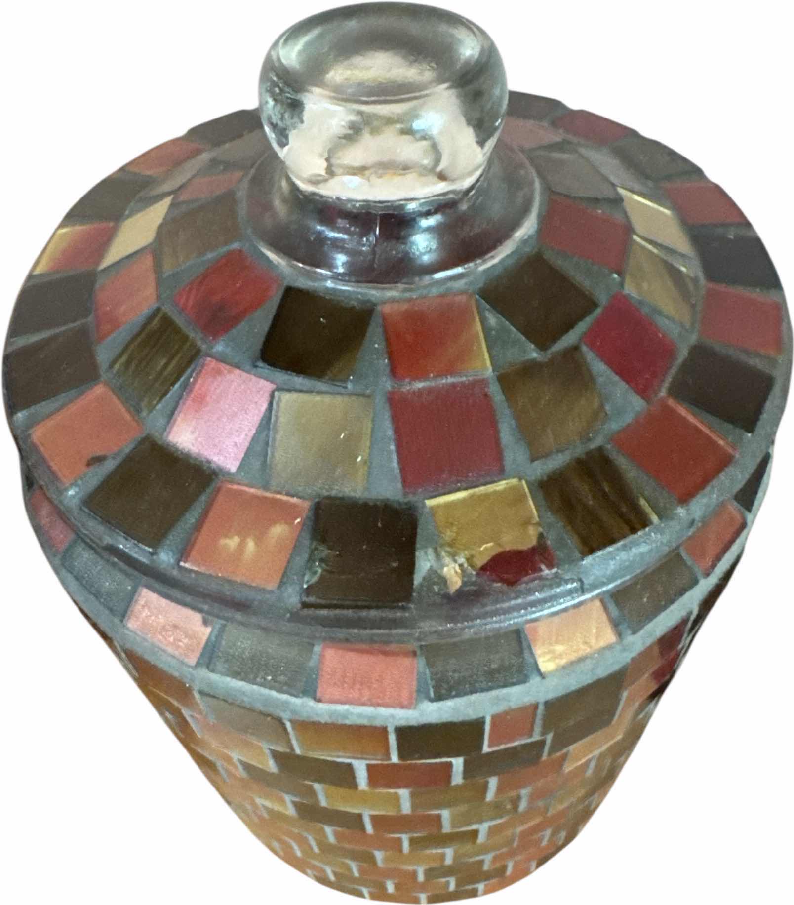 Photo 1 of 3- VINTAGE MOSAIC GLASS TILE CANISTER 
H10” AND SMALLER