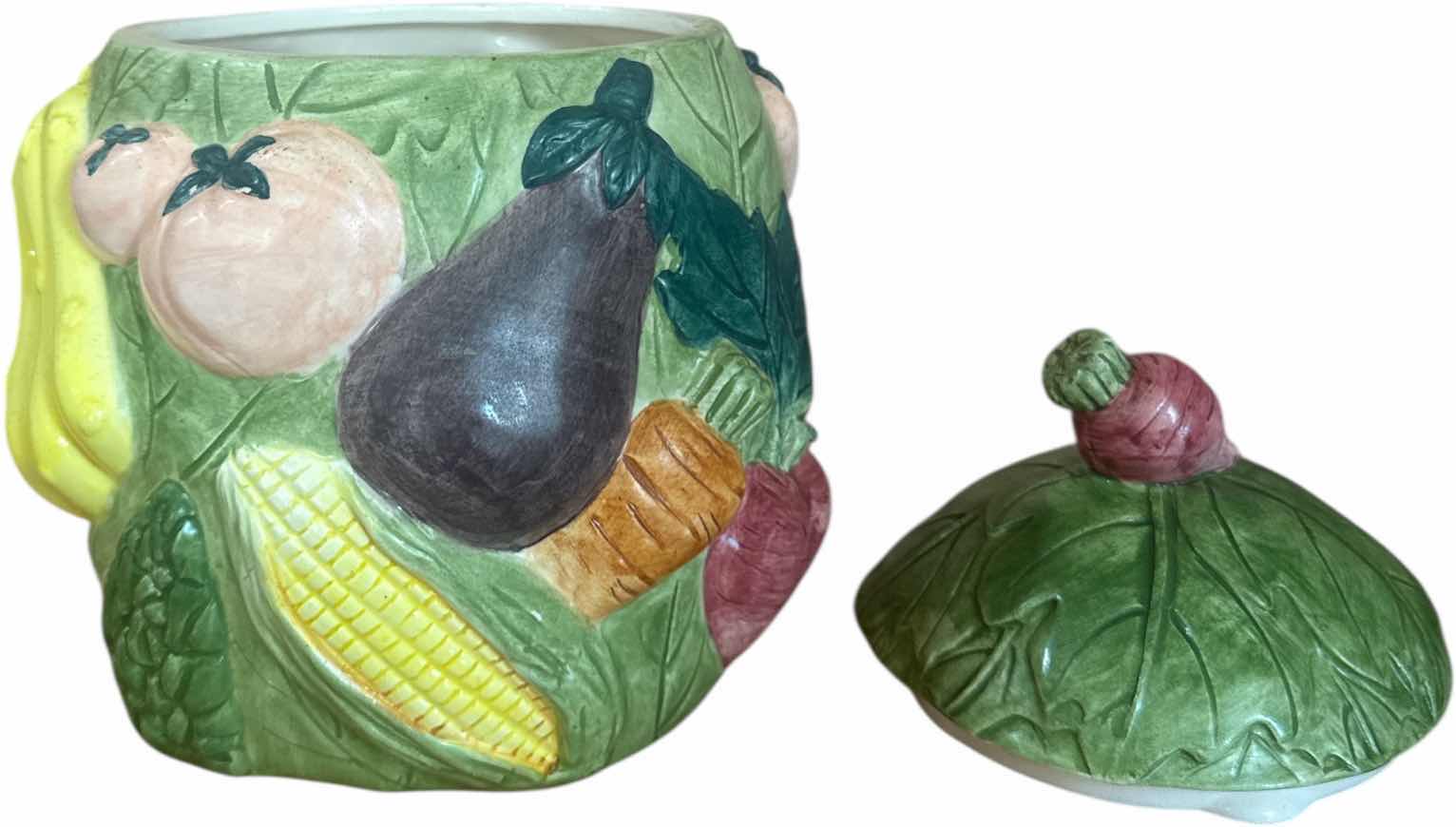 Photo 1 of 2- VINTAGE CERAMIC TEAPOT AND CANISTER VEGETABLE DESIGN 

H10” AND SMALLER