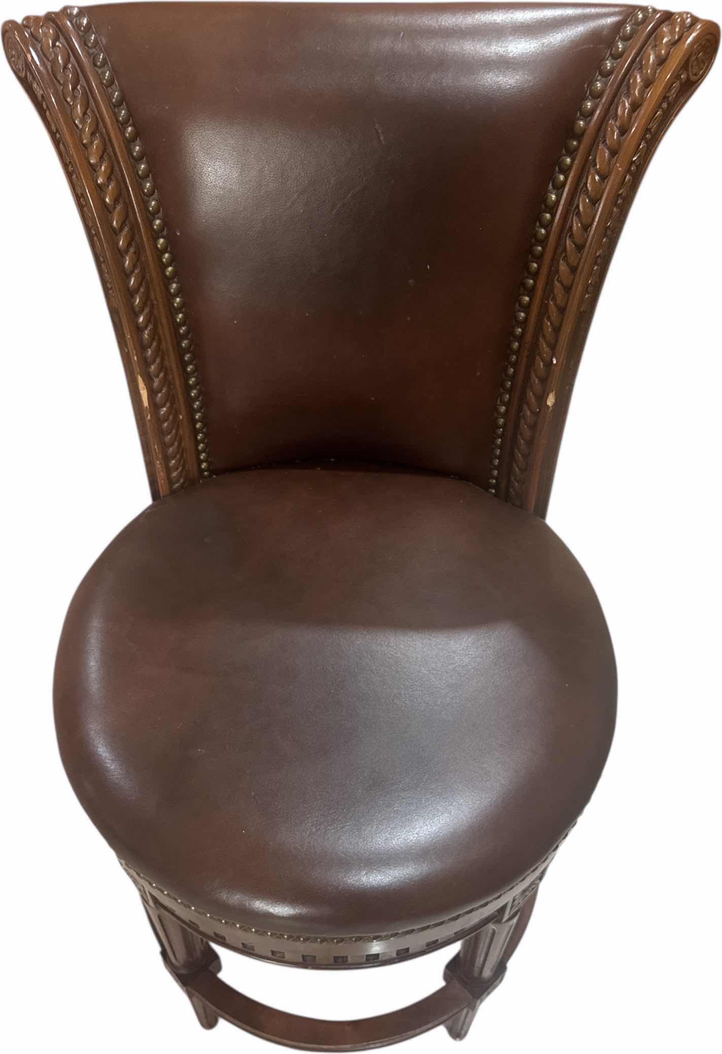 Photo 1 of FRONTGATE SWIVEL BAR AND COUNTER STOOLS WOOD/LEATHER
20” X 20” X H44”