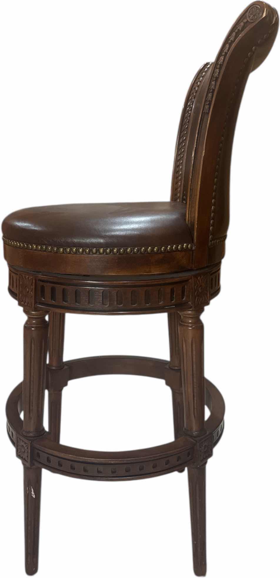 Photo 1 of FRONTGATE SWIVEL BAR AND COUNTER STOOLS WOOD/LEATHER
20” X 20” X H44”