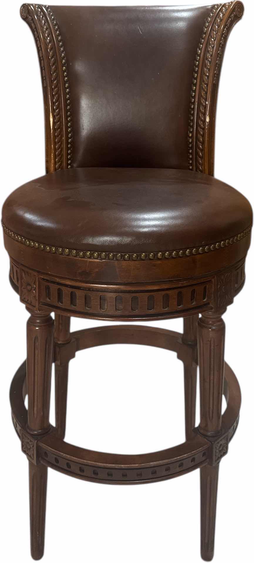 Photo 1 of FRONTGATE SWIVEL BAR AND COUNTER STOOLS WOOD/LEATHER
20” X 20” X H44”