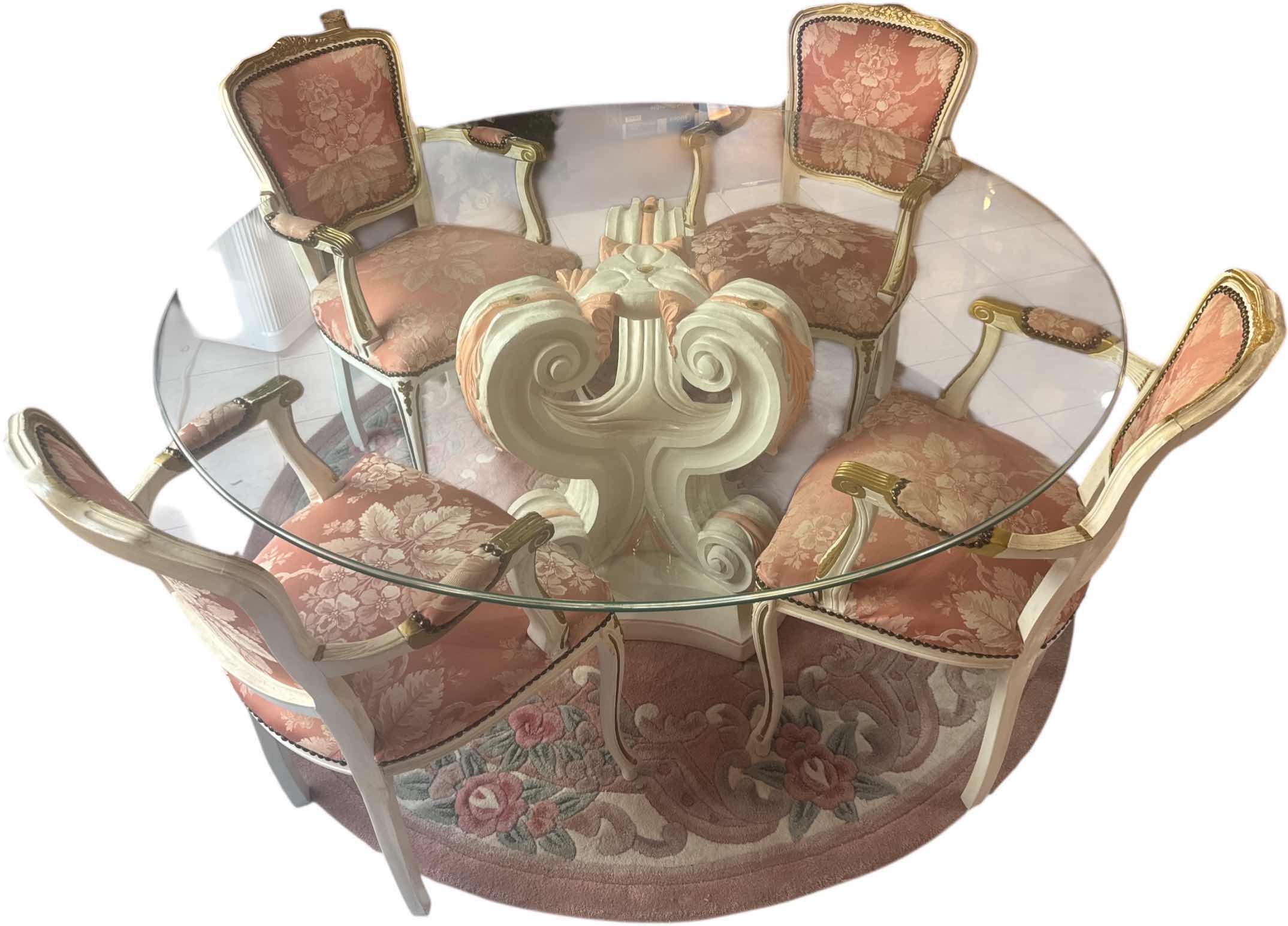 Photo 1 of VINTAGE ROUND DINNING TABLE SET GLASS TOP WOOD BASE AND UPHOLSTERED ARMCHAIRS CHAIRS
D60” X H29”