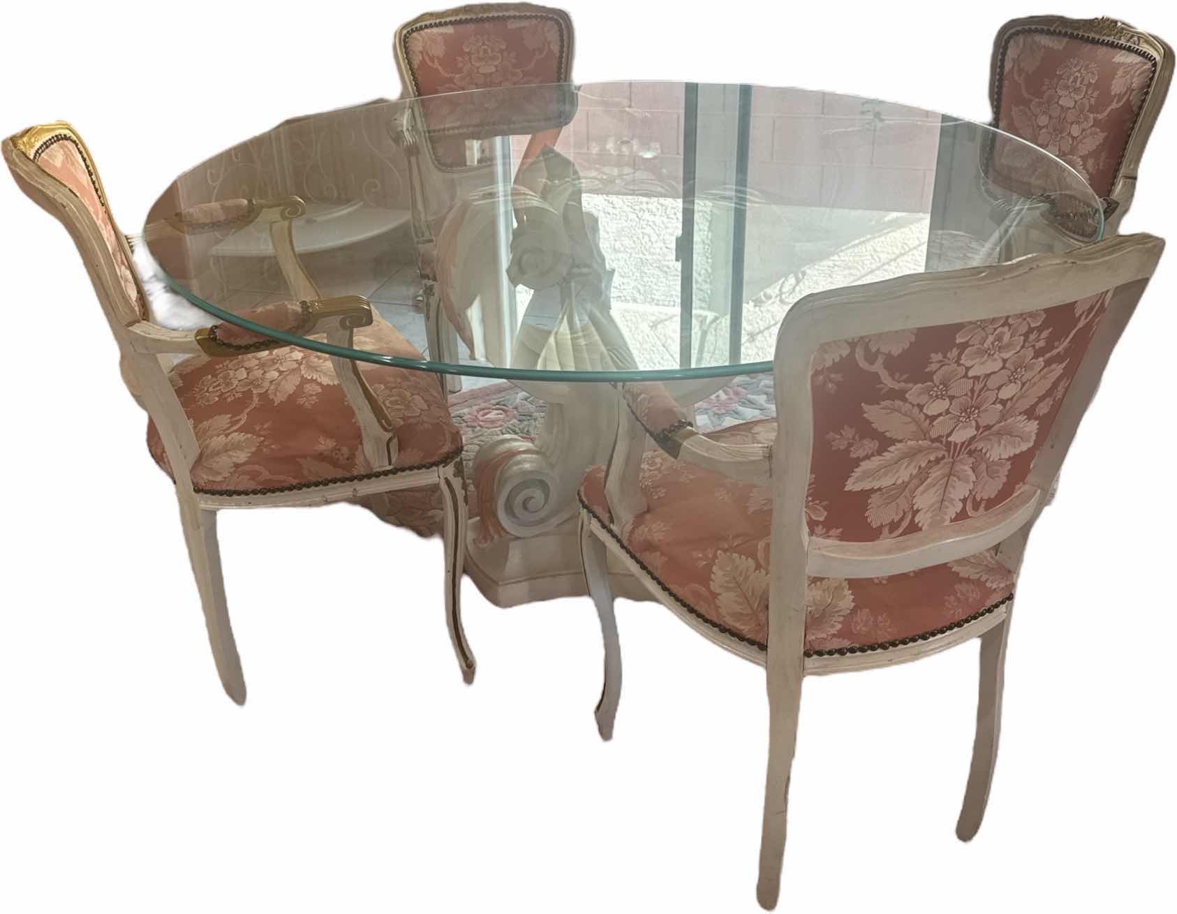 Photo 1 of VINTAGE ROUND DINNING TABLE SET GLASS TOP WOOD BASE AND UPHOLSTERED ARMCHAIRS CHAIRS 
D60” X H29”