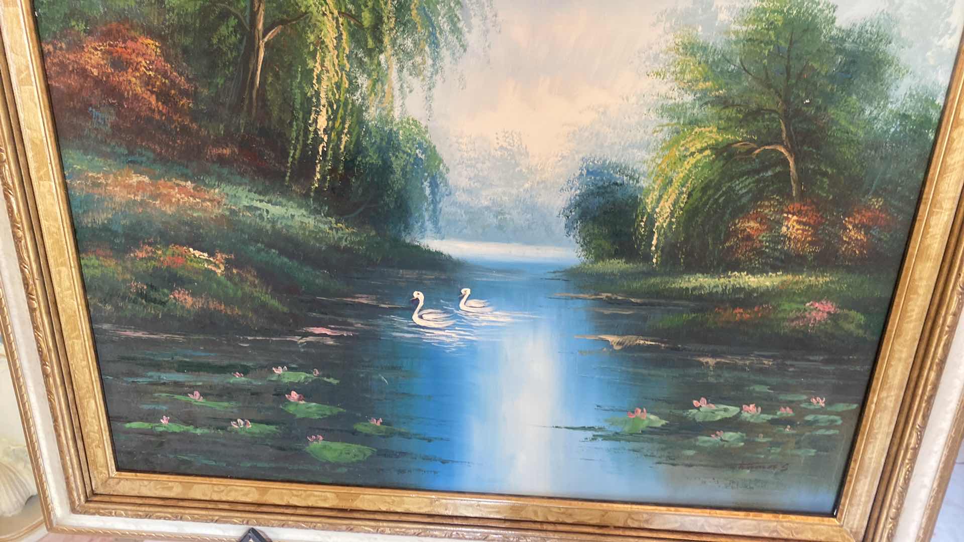 Photo 1 of ORNATE GOLD WOOD FRAMED LANDSCAPE WITH WATER PRINT ON CANVAS SIGNED ARTWORK  27” x 30“
