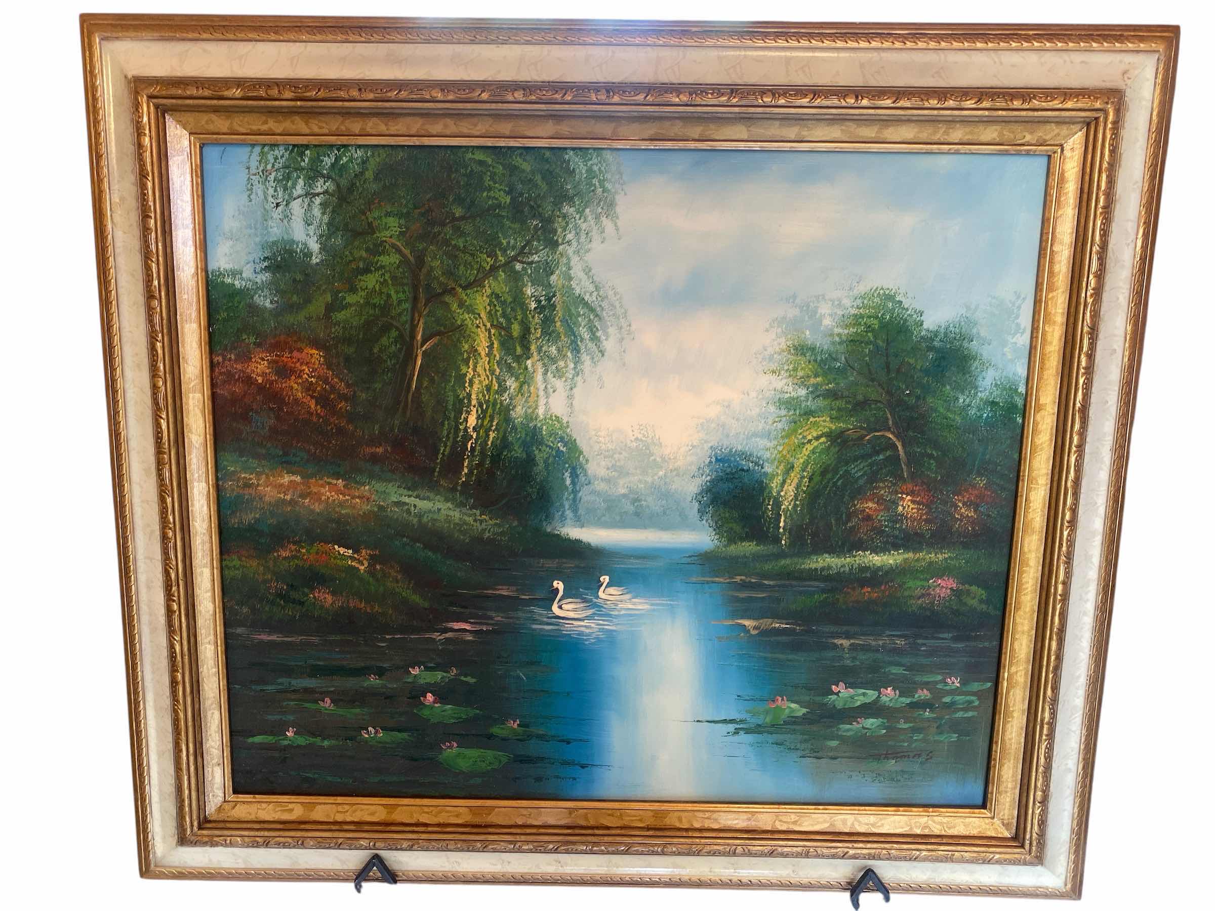 Photo 1 of ORNATE GOLD WOOD FRAMED LANDSCAPE WITH WATER PRINT ON CANVAS SIGNED ARTWORK 27” x 30“