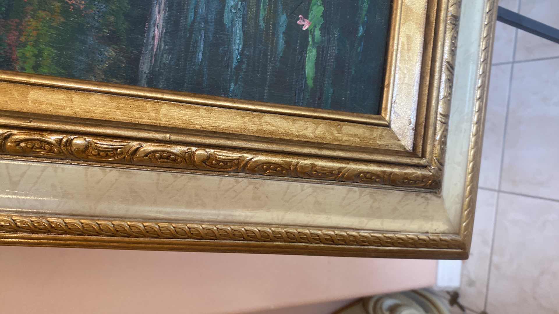 Photo 1 of ORNATE GOLD WOOD FRAMED LANDSCAPE WITH WATER PRINT ON CANVAS SIGNED ARTWORK  27” x 30“
