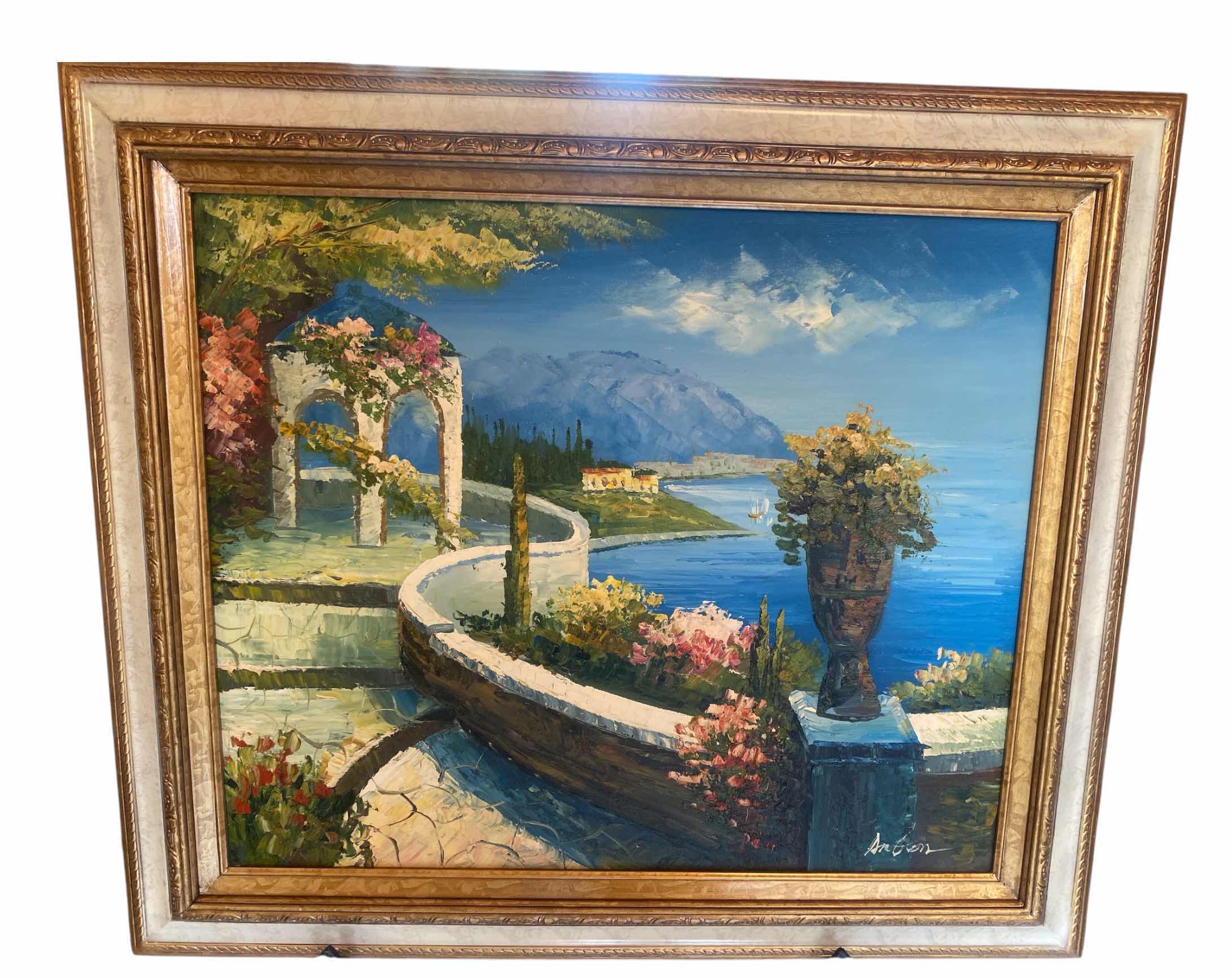 Photo 1 of ORNATE GOLD WOOD & RESIN FRAMED MEDITERRANEAN PRINT ON CANVAS SIGNED ARTWORK 26“ x 30“