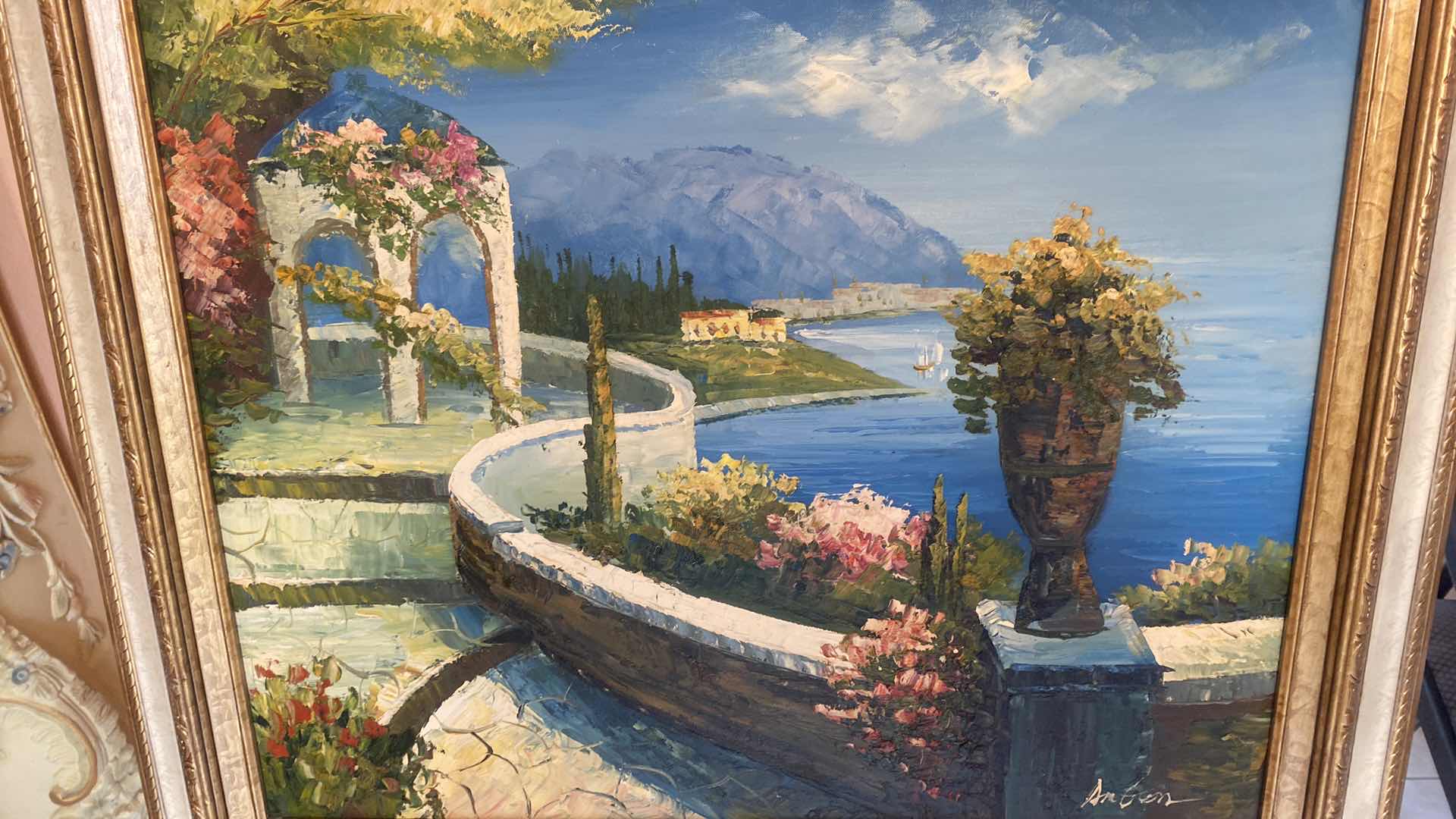 Photo 1 of ORNATE GOLD WOOD & RESIN FRAMED MEDITERRANEAN PRINT ON CANVAS SIGNED ARTWORK  26“ x 30“