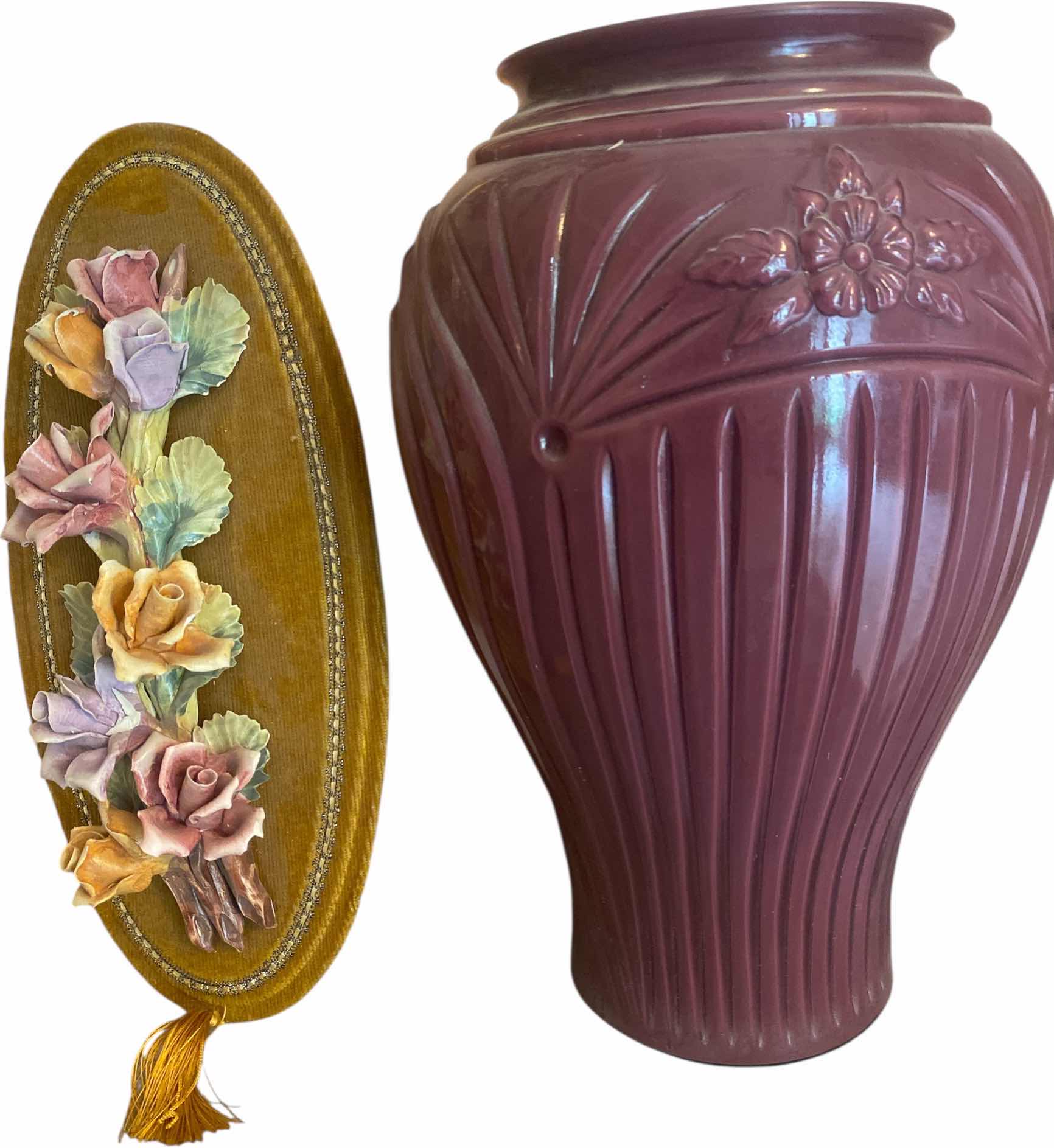 Photo 1 of FLORAL WALL PLAQUE & PURPLE VASE H16”